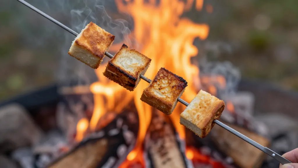 A close-up overhead shot of golden-brown bread cubes threaded onto long metal campfire forks being held over glowing orange campfire flames, with the cubes showing a perfectly toasted exterior and slight caramelization, wisps of smoke rising around them, shallow depth of field focusing on the sizzling bread while the fire creates a warm amber bokeh in the background, natural outdoor lighting during early morning