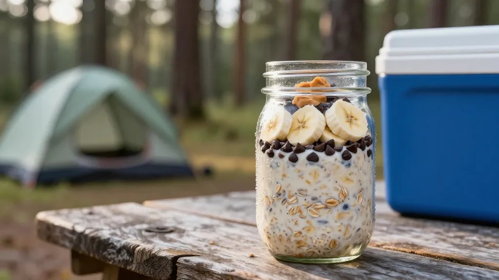 A rustic morning camping scene showing a mason jar filled with layered overnight oats topped with fresh banana slices and chocolate chips, with a dollop of peanut butter visible, sitting on a weathered wooden picnic table. Soft natural morning light filters through pine trees in the background, with a blue and white cooler partially visible beside the jar. The oats have a creamy texture with visible whole rolled oats, and condensation beads on the outside of the glass jar. A camping tent is softly blurred in the forest background, creating an authentic outdoor breakfast atmosphere.