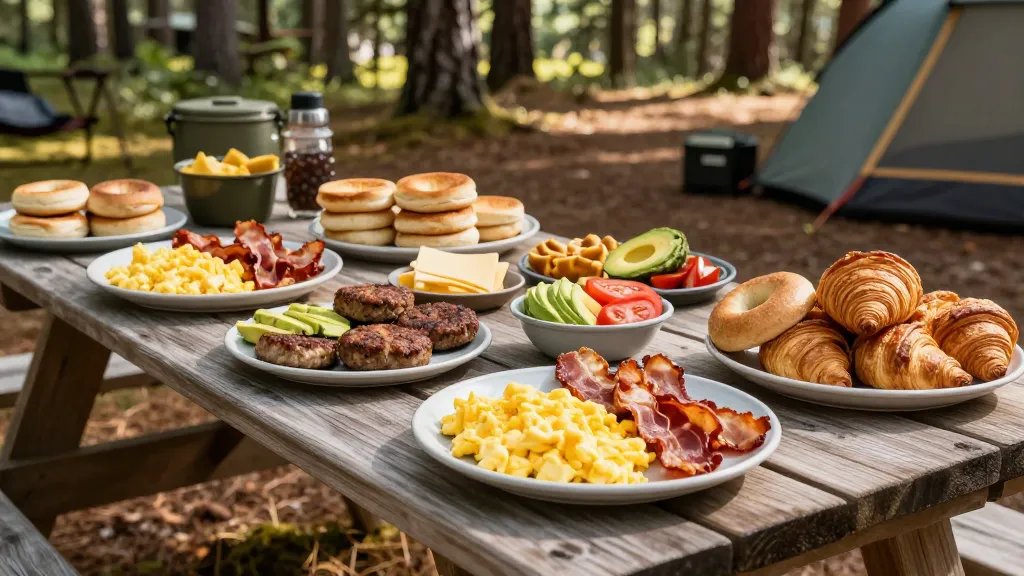 A rustic outdoor breakfast sandwich station set up on a wooden picnic table at a sunny campsite, featuring multiple platters of cooked scrambled eggs, crispy bacon strips, and golden sausage patties, surrounded by stacks of toasted English muffins, fresh bagels, and flaky croissants, with small bowls of sliced avocados, tomato slices, and cheese, shot from a 45-degree angle with morning sunlight filtering through pine trees in the background, shallow depth of field focusing on the abundant breakfast ingredients with camping gear subtly visible, vibrant and appetizing food photography style