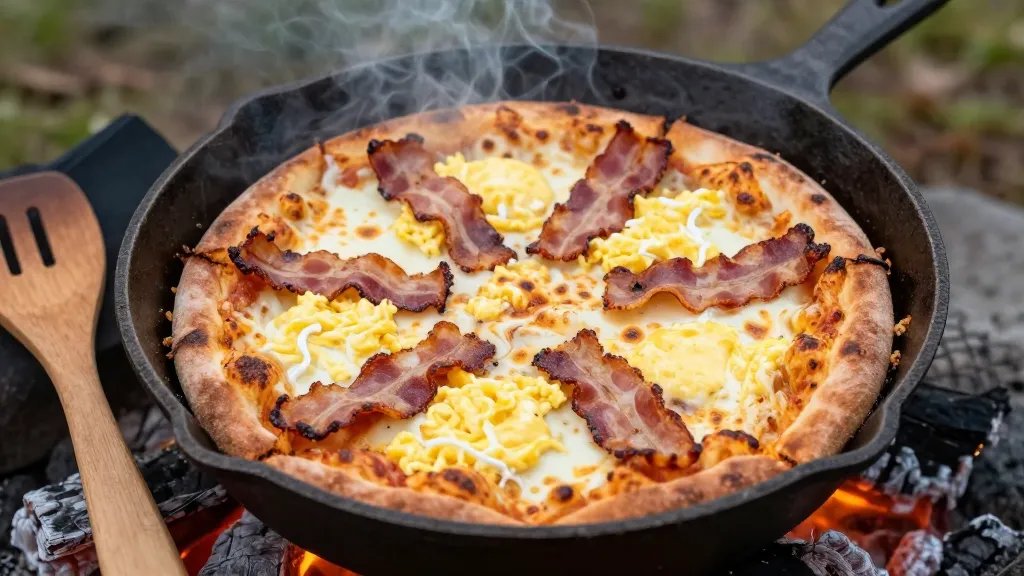 A close-up overhead shot of a rustic breakfast pizza cooking in a well-seasoned cast iron skillet over glowing campfire embers, featuring scrambled eggs, crispy bacon pieces, and melted golden cheese bubbling on a golden-brown crust, with wisps of smoke rising in the background and wooden camping utensils resting beside the pan in soft morning wilderness light