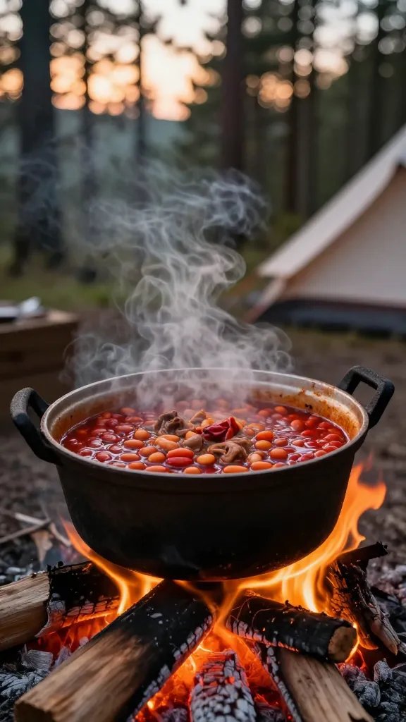 A rustic cast iron pot filled with bubbling, rich red chili sits on a campfire grate surrounded by glowing embers and flames, steam rising into the cool evening air of a forest campsite, with blurred pine trees and a canvas tent in the background during golden hour, photographed from a low angle showing the texture of beans and meat in the hearty stew, warm orange and red tones dominating the scene