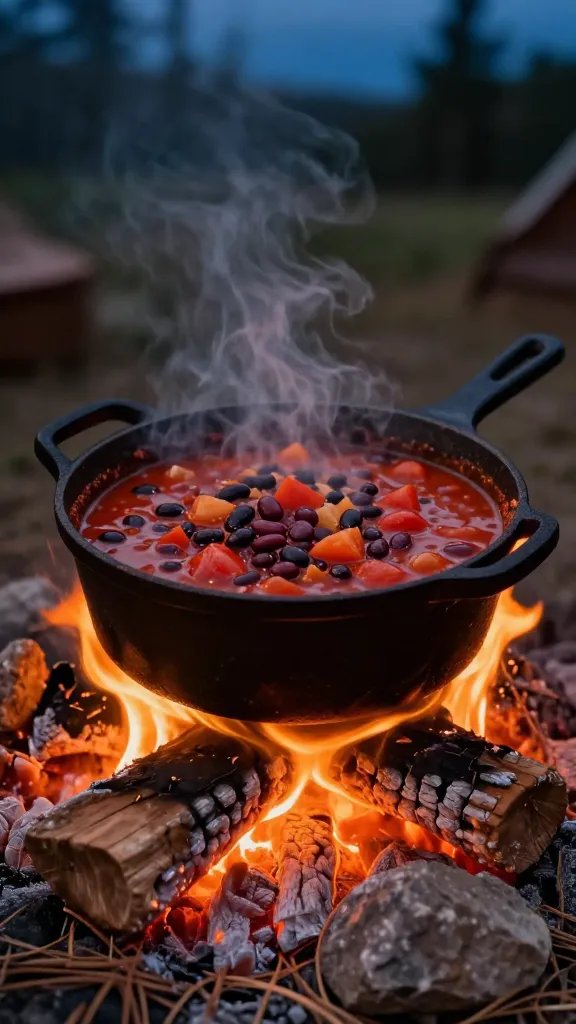 A warm, inviting photograph of a rustic cast iron pot filled with hearty vegan chili bubbling over glowing campfire embers at dusk, with visible chunks of kidney beans, black beans, and tomatoes in a rich red sauce, steam rising from the pot, surrounded by natural camping elements like scattered pine needles and rocks forming the fire ring, shot from a 45-degree angle with the warm orange firelight illuminating the scene and dark blue twilight sky visible in the background.