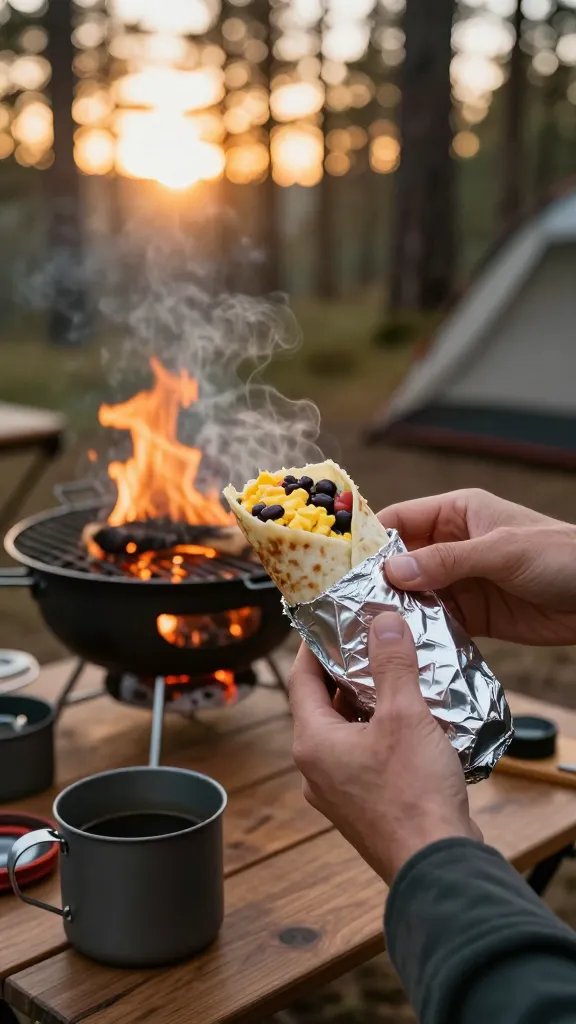 A rustic outdoor camping scene showing hands unwrapping a foil-wrapped breakfast burrito over a portable camp grill with morning campfire flames visible, golden sunrise light filtering through pine trees in the background, steam rising from the hot burrito revealing colorful filling of yellow scrambled tofu and black beans, camping cookware and a coffee mug positioned nearby on a wooden camp table, shallow depth of field with focus on the burrito being unwrapped.