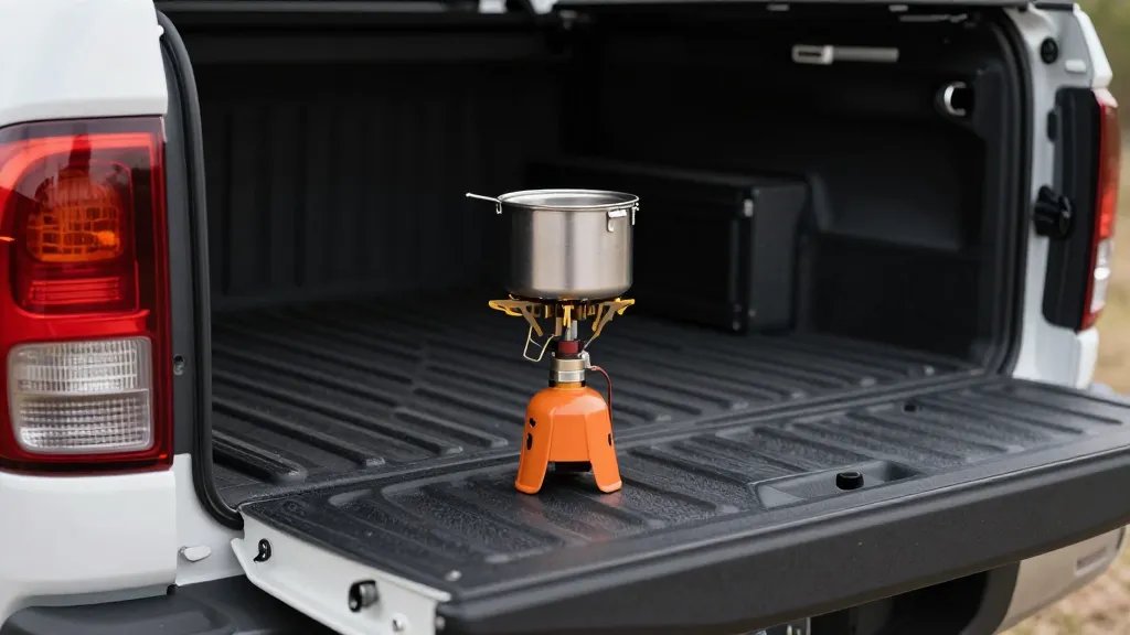 Pickup truck tailgate down with portable camping stove closeup