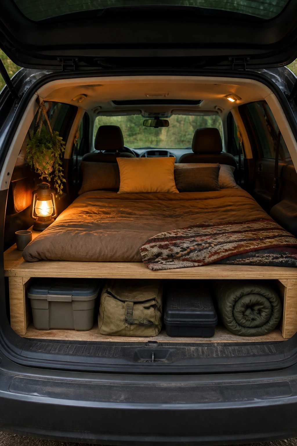 A realistic high-quality photograph showing the interior of an SUV with a custom-built wooden sleeping platform installed in the cargo area, creating a flat elevated bed surface above the folded seats, with storage containers visible underneath the platform, cozy bedding and pillows arranged on top, warm ambient lighting from a small lantern, and camping gear neatly organized in the space, shot from the open rear hatch perspective showing the complete setup inside the vehicle
