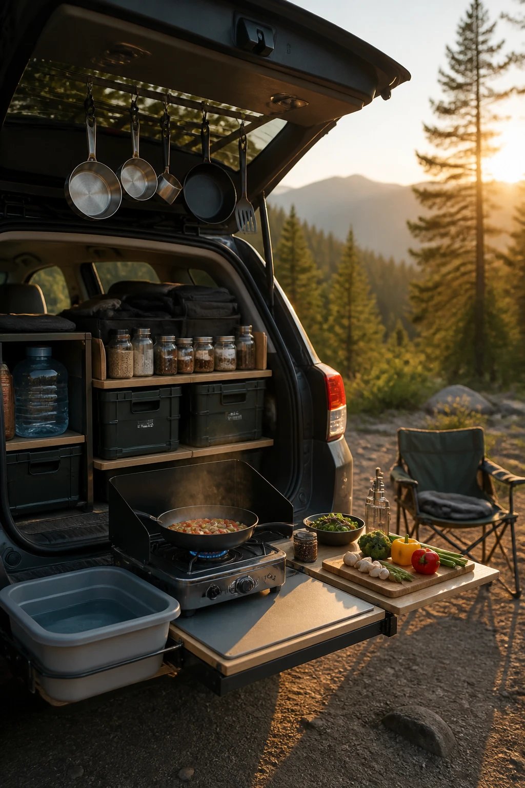A realistic high-quality photo of a well-organized car camping kitchen setup in an open SUV trunk at a scenic campsite, featuring a portable camping stove actively cooking a meal, collapsible sink with water, stackable storage bins neatly arranged with cooking supplies, fresh vegetables and ingredients laid out on a fold-out prep surface, camping cookware hanging from the hatchback door, all bathed in warm golden hour sunlight with pine trees and mountains blurred in the background, shot from a three-quarter angle showing both the vehicle's interior organization and the outdoor camping environment