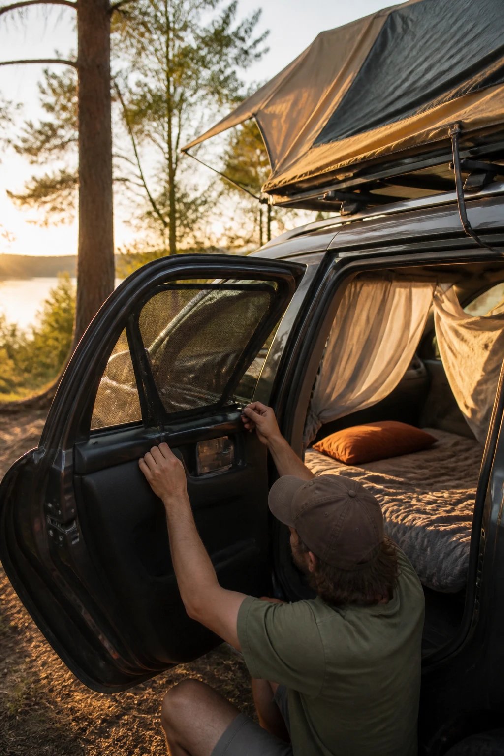 A realistic photograph of a person adjusting window screens on a car door during a camping trip, with the vehicle's windows partially open showing specialized mesh screens installed to allow airflow while keeping insects out. The scene is set at a peaceful campsite during golden hour, with the car tent attachment visible in the background. Inside the vehicle, you can see a cozy sleeping setup with bedding, and there's visible air circulation indicated by curtains gently moving. The lighting emphasizes the comfortable, well-ventilated interior space contrasted with the outdoor camping environment.