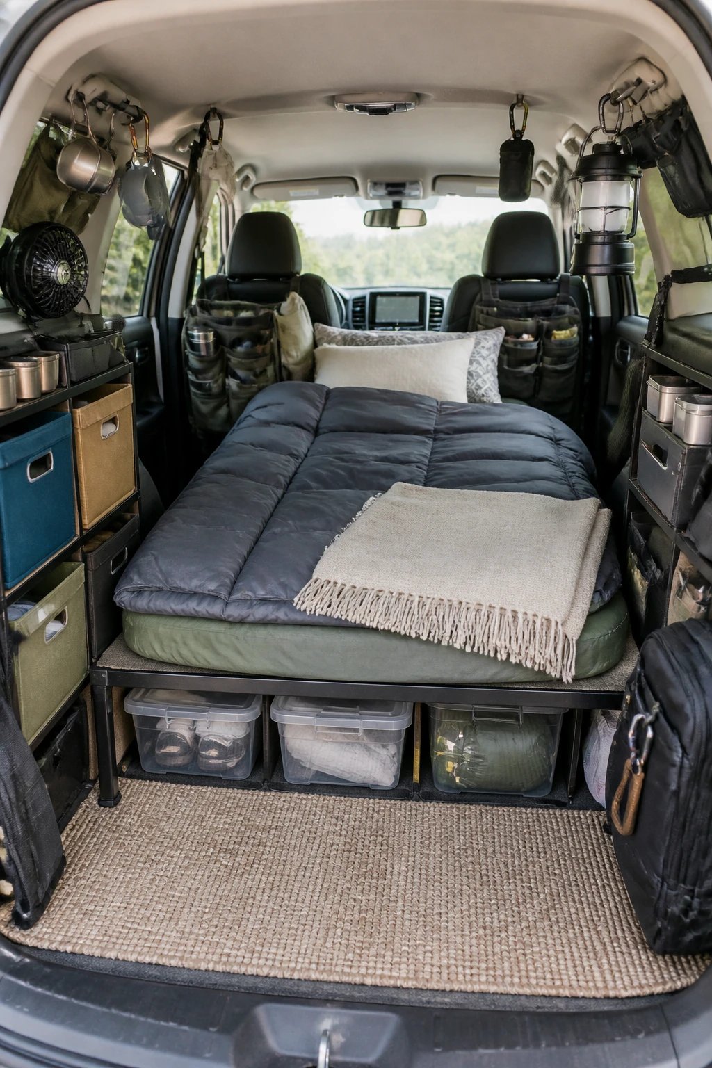 A realistic overhead view photograph of a well-organized car camping setup inside an SUV, showing a multi-functional living space with smart storage solutions including collapsible fabric storage cubes in different colors neatly arranged along the sides, hanging organizers attached to headrests, magnetic containers stuck to the vehicle's metal frame, clear storage bins tucked under a raised sleeping platform, carabiners and S-hooks hanging from roof handles holding various camping gear, and a cozy sleeping area with bedding, all bathed in soft natural daylight coming through the windows, showcasing efficient vertical space usage and a clutter-free organized tiny home on wheels setup