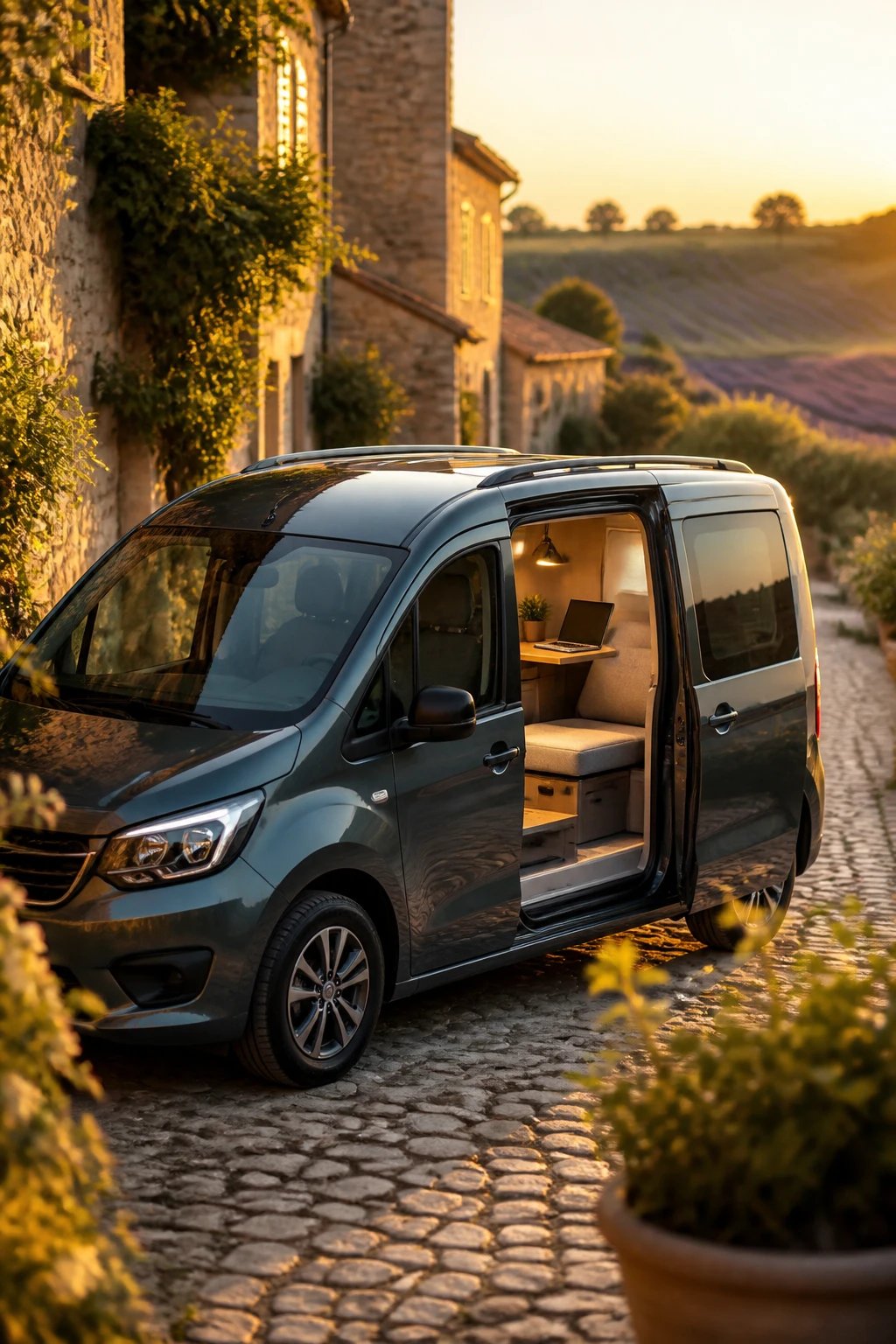 A compact camper van with sliding side door open revealing a modern mobile office setup inside, parked on a narrow cobblestone street in a charming Provencal village with stone buildings and lavender fields visible in the background, the van is under 5 meters long with sleek aerodynamic design, warm sunlight illuminating the cozy interior workspace with laptop, small desk, and comfortable seating area, professional automotive photography style, shallow depth of field, golden hour lighting, ultra-realistic, high-resolution detail