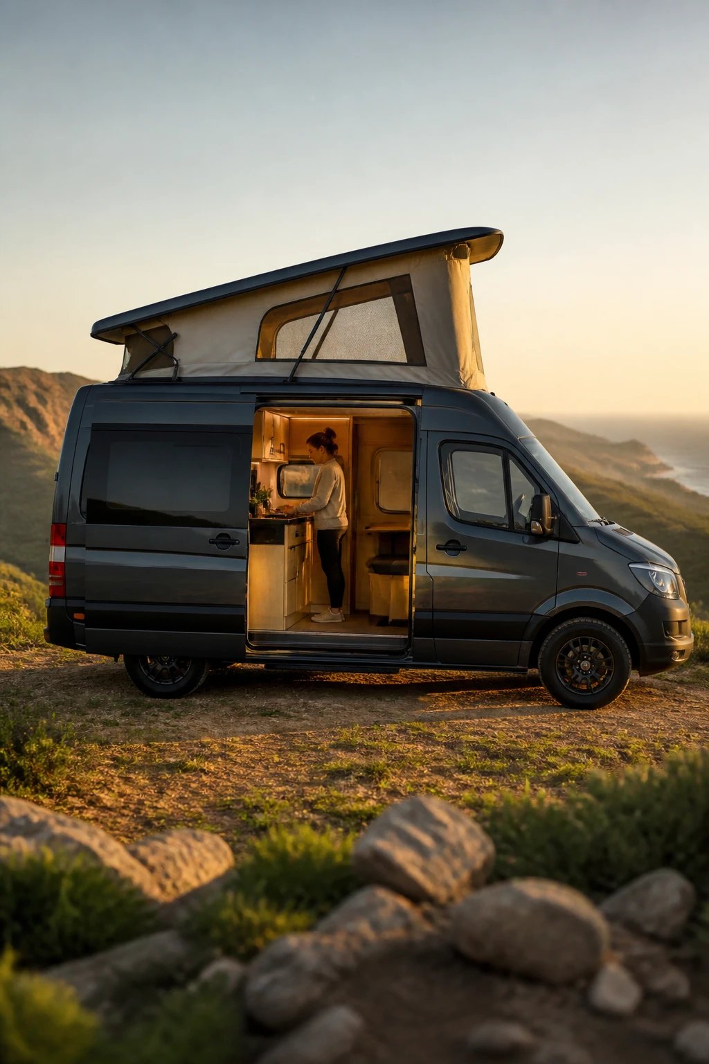 A modern elevated roof camper van parked in a scenic outdoor setting, showcasing its raised pop-up roof in the open position, revealing the additional interior height and sleeping area in the upper section. The side profile view clearly displays the aerodynamic design with the pop-top extended upward, adding 40-60 centimeters of headroom. Inside the open van, a person stands comfortably upright preparing food in the compact kitchen area without hitting their head. The camper features sleek contemporary design with natural ventilation openings in the elevated roof section. Warm golden hour lighting, photorealistic style, professional travel photography quality, sharp details showing both the exterior compact footprint and the spacious raised interior living area.