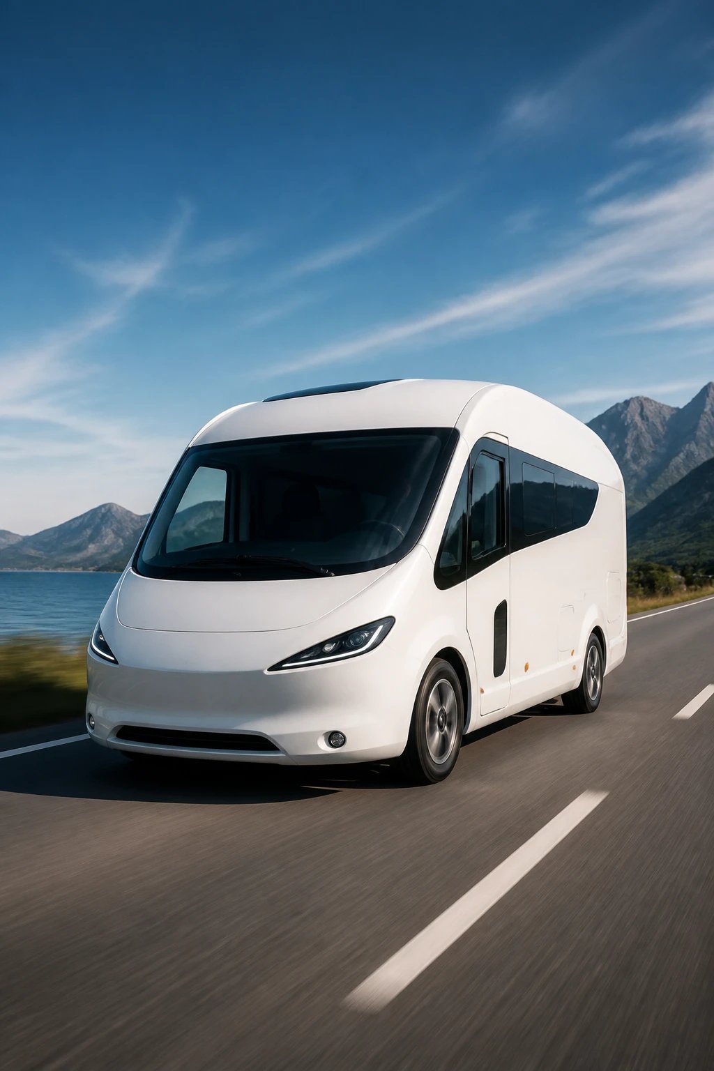 A sleek, aerodynamic compact profiled motorhome under 6 meters in length, photographed from a three-quarter front angle on a scenic highway, showcasing its streamlined, teardrop-shaped design that cuts through the air efficiently. The white modern motorhome features smooth, flowing lines from front to back, with an elegant profile that emphasizes its fuel-efficient aerodynamic form. The vehicle is captured in motion on an open road with a beautiful landscape background, highlighting its compact size while maintaining a luxurious appearance. Professional automotive photography with dramatic lighting, sharp details showing the integrated cab design, large windshield, and sophisticated exterior styling. The image conveys both elegance and efficiency, with the motorhome appearing dynamic and modern against a clear blue sky.