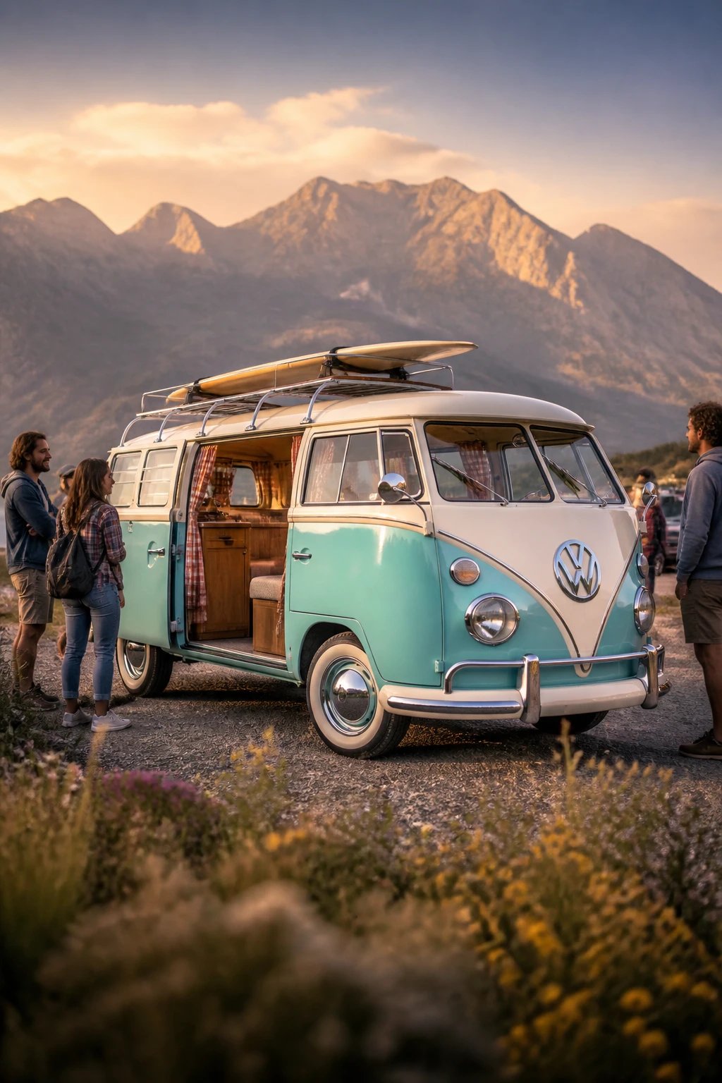 A beautifully restored vintage Volkswagen camper van in pastel turquoise and cream two-tone paint, parked at a scenic roadside rest stop with mountains in the background, golden hour lighting, the side door open revealing a cozy retro interior with wooden cabinetry and colorful curtains, a small group of admirers gathered around admiring the classic vehicle, chrome details gleaming, whitewall tires, surfboard mounted on the roof rack, wildflowers in the foreground, nostalgic and inviting atmosphere, professional automotive photography, shallow depth of field