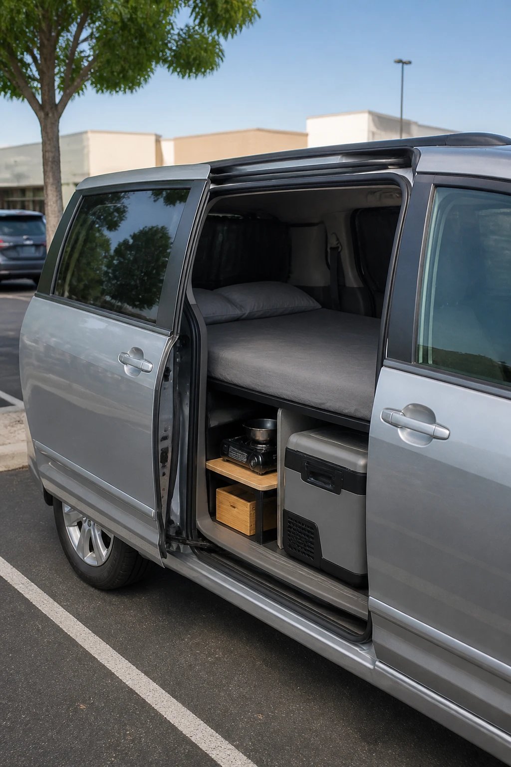 A modern silver minivan with its side sliding door open revealing a clever camper conversion inside, with folded-down seats transformed into a sleeping platform with a custom mattress, magnetic blackout curtains on the windows, a portable camping stove and 12V electric cooler visible in the organized interior storage, parked discreetly in an urban supermarket parking lot during daytime, shot from a three-quarter angle showing both the exterior blending in with regular vehicles and the cozy converted interior space, photorealistic style with natural lighting