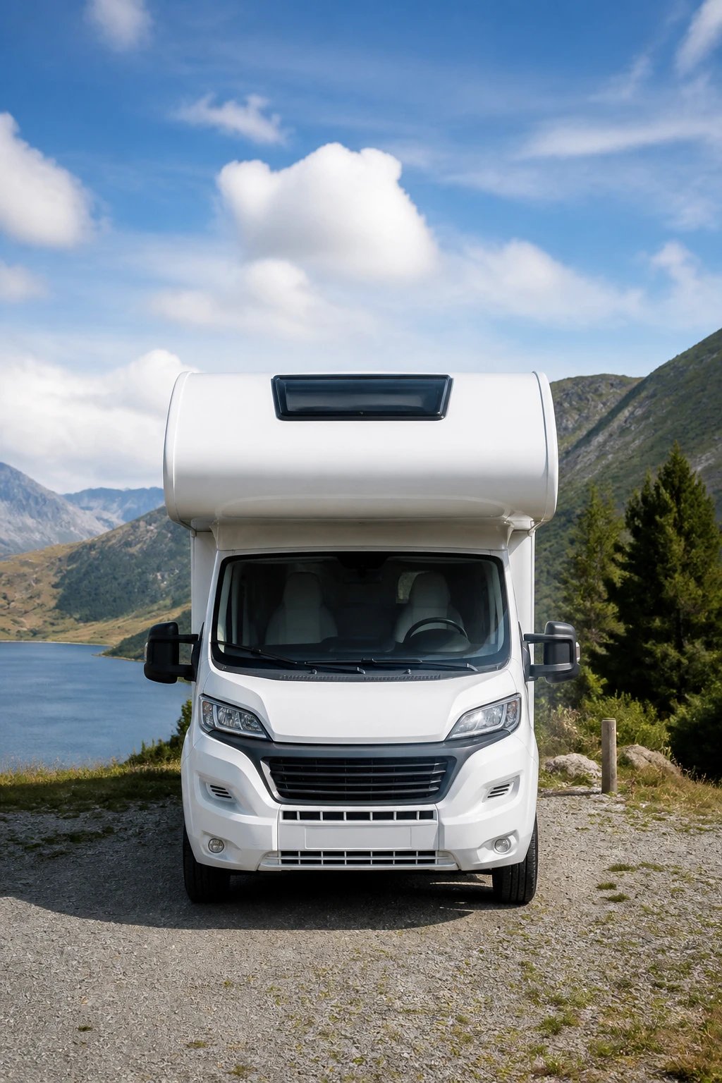 A compact overhead cab motorhome (camping-car capucine) measuring approximately 6 meters in length, white exterior with the distinctive sleeping area bulge above the driver's cabin, parked in a scenic French countryside location with mountains in the background, modern design, complete front view showing both the cab area and the characteristic alcove bed compartment protruding over the windshield, daytime natural lighting, professional automotive photography style, high detail, realistic photo quality