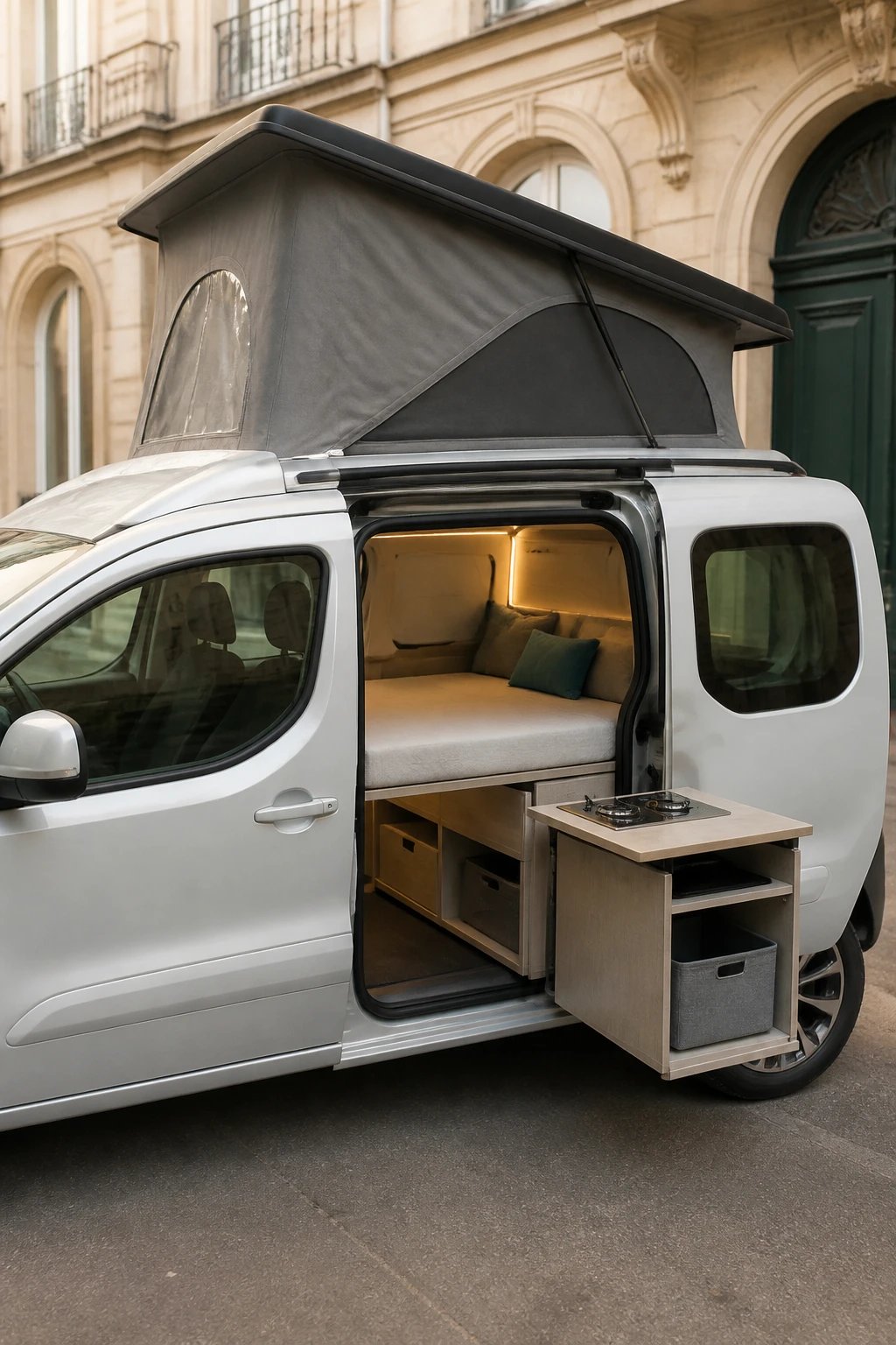 A modern compact micro camper van conversion based on a Citroën Berlingo or Renault Kangoo, parked in an urban European street setting, showcasing its innovative interior through open sliding door revealing an electric folding bed system, pull-out kitchen unit, and optimized storage compartments, the vehicle measures under 4.5 meters in length with sleek silver or white exterior, professional automotive photography style with soft natural lighting highlighting both the compact exterior dimensions and the ingenious space-saving interior design, shot from a three-quarter angle to show both the city-friendly size and the practical camping features, ultra-realistic detail, high-end commercial photography quality