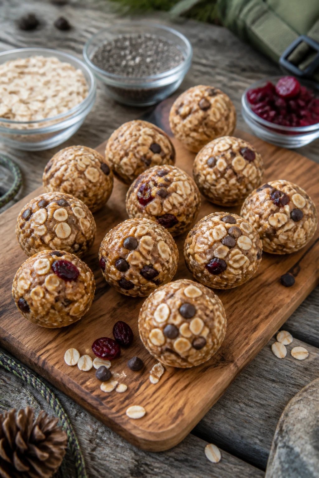 A close-up overhead shot of rustic trail mix energy balls arranged on a wooden cutting board, featuring textured spheres made with visible rolled oats, mini chocolate chips, and dried cranberries, with natural lighting casting soft shadows. Some balls are perfectly round while others show the rough, chunky texture of the oats and nuts. In the background, slightly out of focus, are small glass bowls containing the raw ingredients: rolled oats, chia seeds, and dried fruit. The scene is set on a weathered wooden table with a camping/outdoor aesthetic, shot in natural daylight with a shallow depth of field for a professional food photography look.