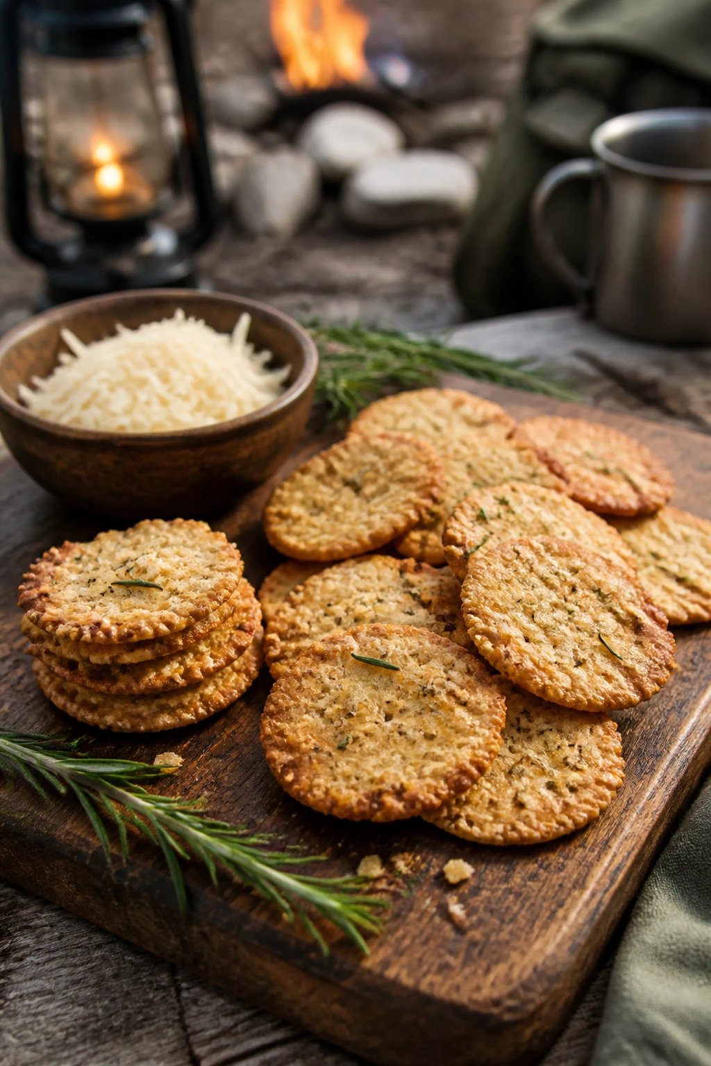 A rustic wooden cutting board displaying golden-brown homemade parmesan crackers with visible herb flecks scattered across their crispy surface, surrounded by a small bowl of freshly shredded parmesan cheese, fresh rosemary sprigs, and a few crackers stacked to show their thin, crispy texture, shot from a 45-degree angle with natural outdoor lighting suggesting a camping or outdoor setting, shallow depth of field with camping gear softly blurred in the background