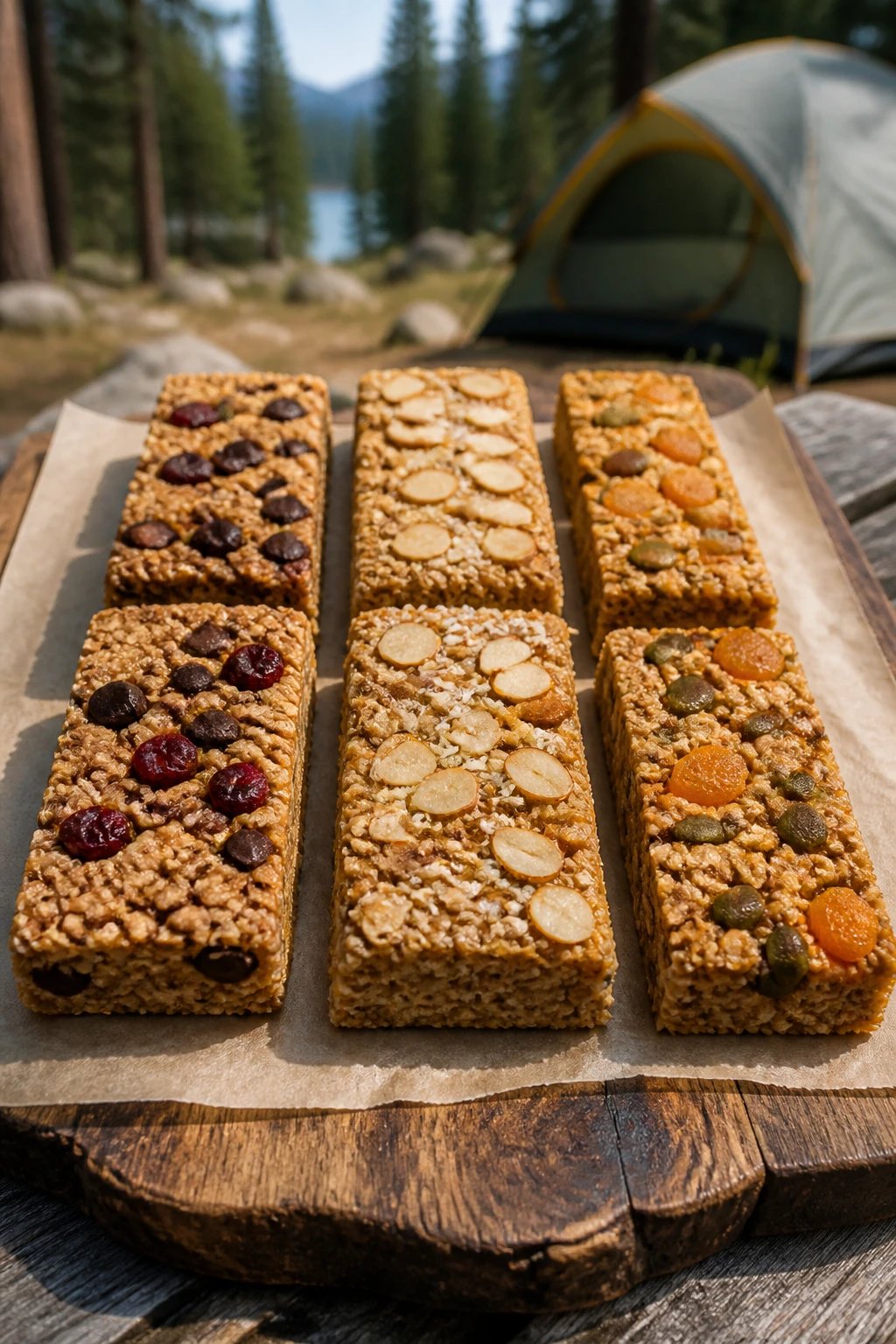 A top-down photograph of homemade no-bake granola bars on a rustic wooden cutting board, showing multiple bars with different customizations - some studded with chocolate chips and dried cranberries, others with nuts and coconut flakes, and some with seeds and dried apricots. The bars are thick, dense, and evenly cut into rectangles, with visible texture showing oats, nut butter binding, and various mix-ins throughout. Natural outdoor lighting illuminates the scene with a blurred camping tent and pine trees in the soft-focus background, giving it an authentic outdoor adventure feel. The granola bars look professionally made yet rustic, with crumbly edges and a golden-brown color from honey, arranged in an appetizing display on parchment paper.