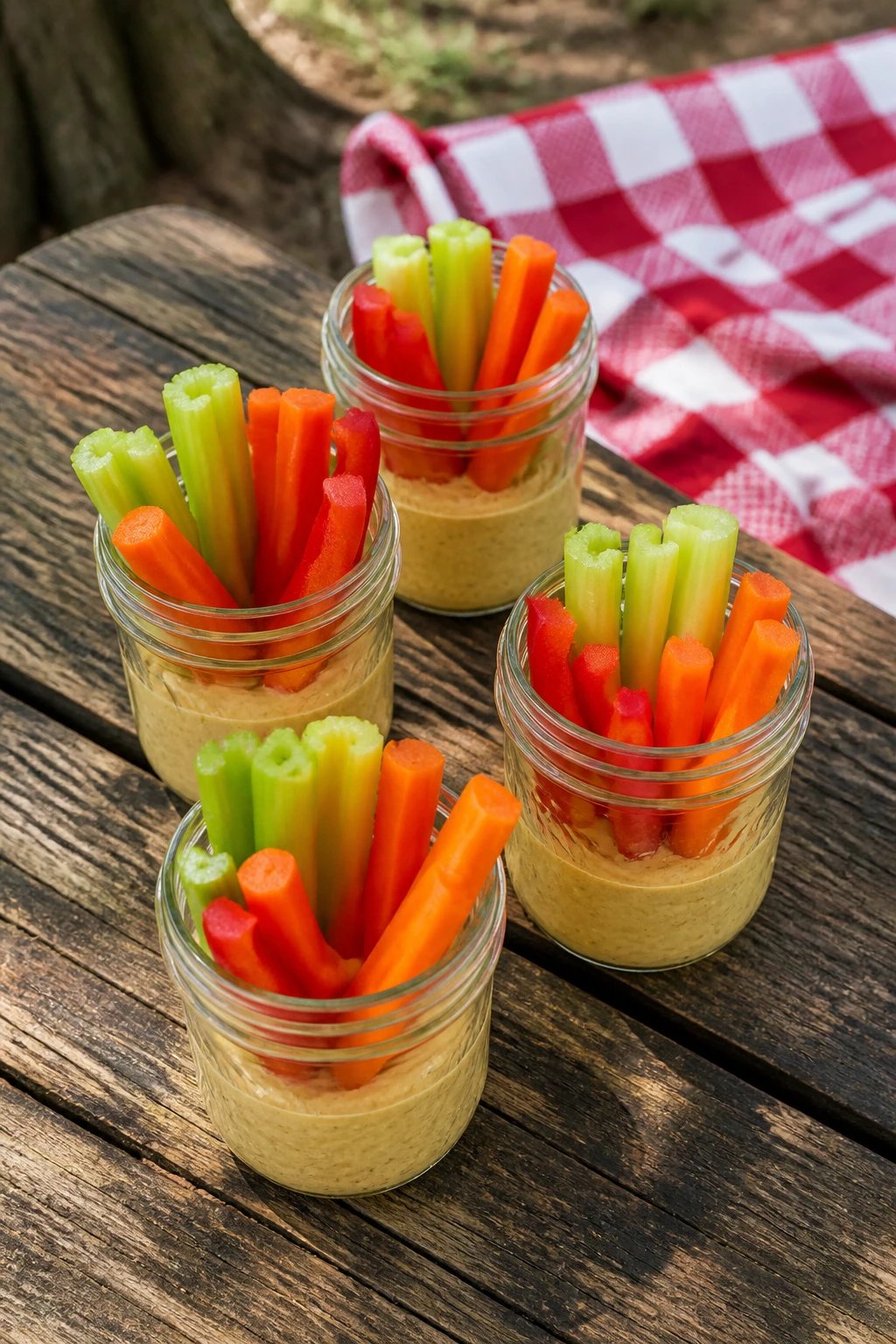 A realistic overhead photograph of individual portable veggie and hummus snack cups arranged on a rustic wooden camping table, featuring clear mason jars filled with creamy beige hummus at the bottom and colorful fresh vegetable sticks standing upright around the edges including bright orange carrots, red bell peppers, and celery, with a red and white checkered camping blanket visible in the background, natural outdoor lighting, sharp focus, appetizing and fresh appearance