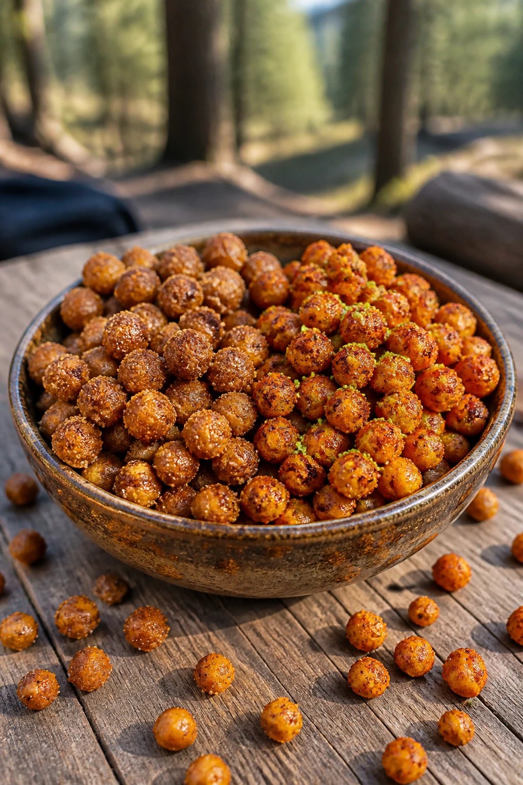 A close-up photograph of crispy golden-brown roasted chickpeas in a rustic ceramic bowl placed on a wooden camping table, with some chickpeas scattered artfully around the bowl showing their crunchy texture. The chickpeas are coated in visible spices including cinnamon sugar on one side and chili powder with lime zest on the other, creating a contrast between sweet and spicy varieties. Natural outdoor lighting with a blurred forest camping background, showing pine trees out of focus. The chickpeas glisten slightly from oil, with their crispy, bumpy texture clearly visible in sharp detail.