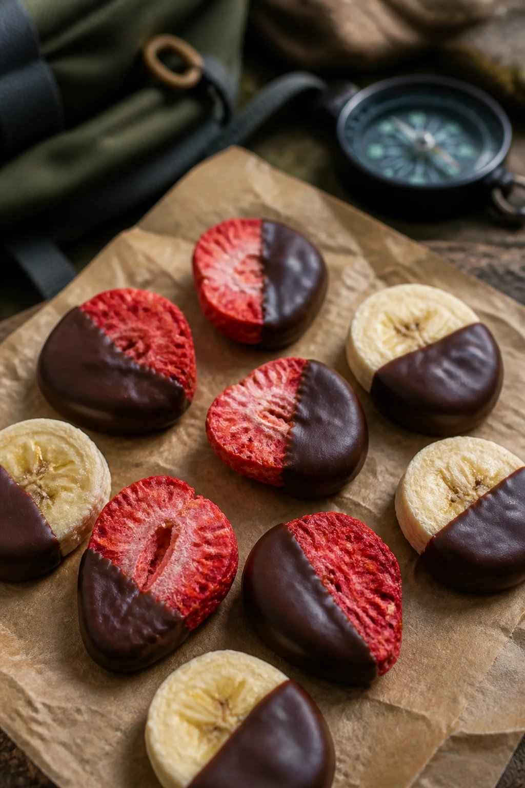A close-up overhead shot of freeze-dried strawberries and banana slices half-dipped in rich dark chocolate arranged on parchment paper, with some pieces showing the crispy, porous texture of the freeze-dried fruit contrasting with the glossy chocolate coating, shot in natural lighting with camping gear like a backpack and compass subtly blurred in the background, professional food photography style with shallow depth of field