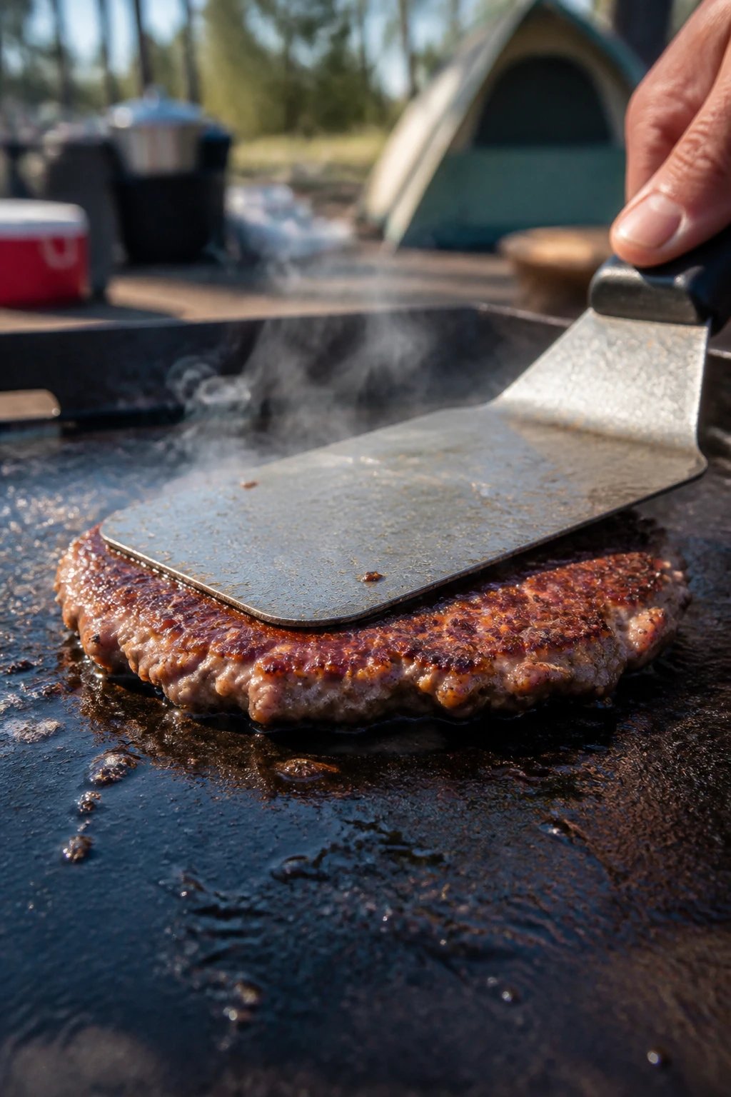 A close-up photograph of a perfectly seared smash burger on a Blackstone griddle at a campsite, with crispy caramelized edges and glistening browned crust, steam rising from the patty as a metal spatula presses down on it, camping equipment visible in the blurred background, natural outdoor lighting, professional food photography style, shallow depth of field