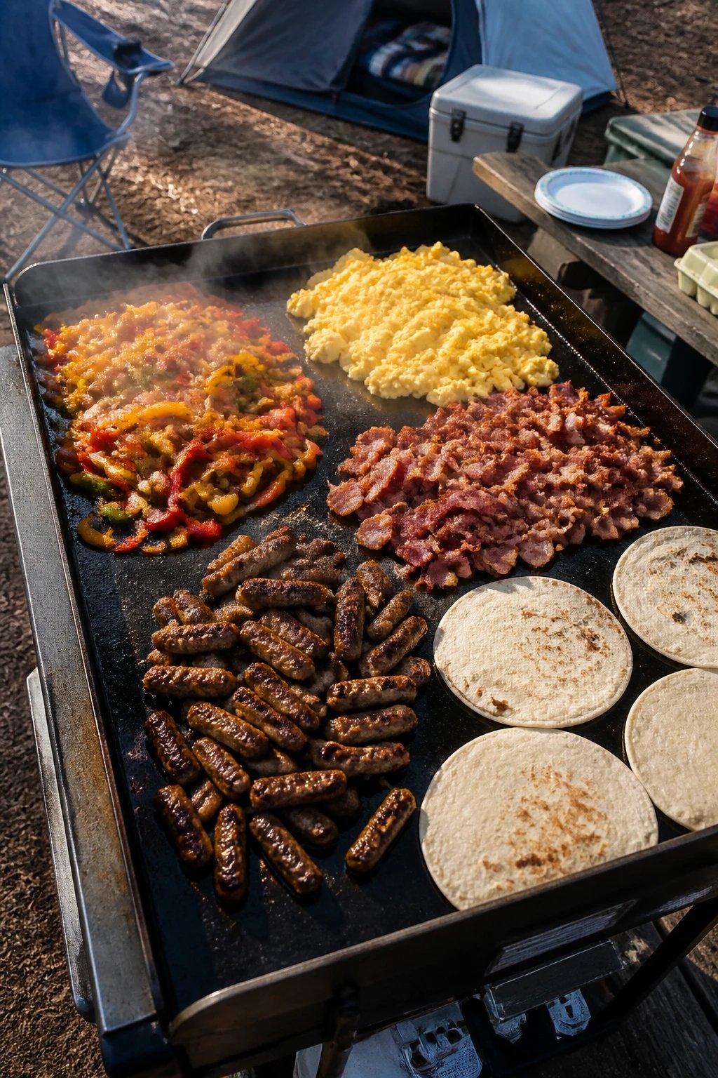 A wide-angle overhead photograph of a large flat-top griddle cooking station at a campsite with multiple sections of sizzling breakfast fajita ingredients - colorful bell peppers and caramelized onions in one zone, fluffy scrambled eggs in another section, crispy bacon and breakfast sausage in a third area, and flour tortillas warming on a fourth zone, all cooking simultaneously on the black griddle surface with visible steam rising, surrounded by camping equipment and outdoor breakfast setup with plates and condiments nearby, natural morning sunlight, realistic outdoor cooking photography
