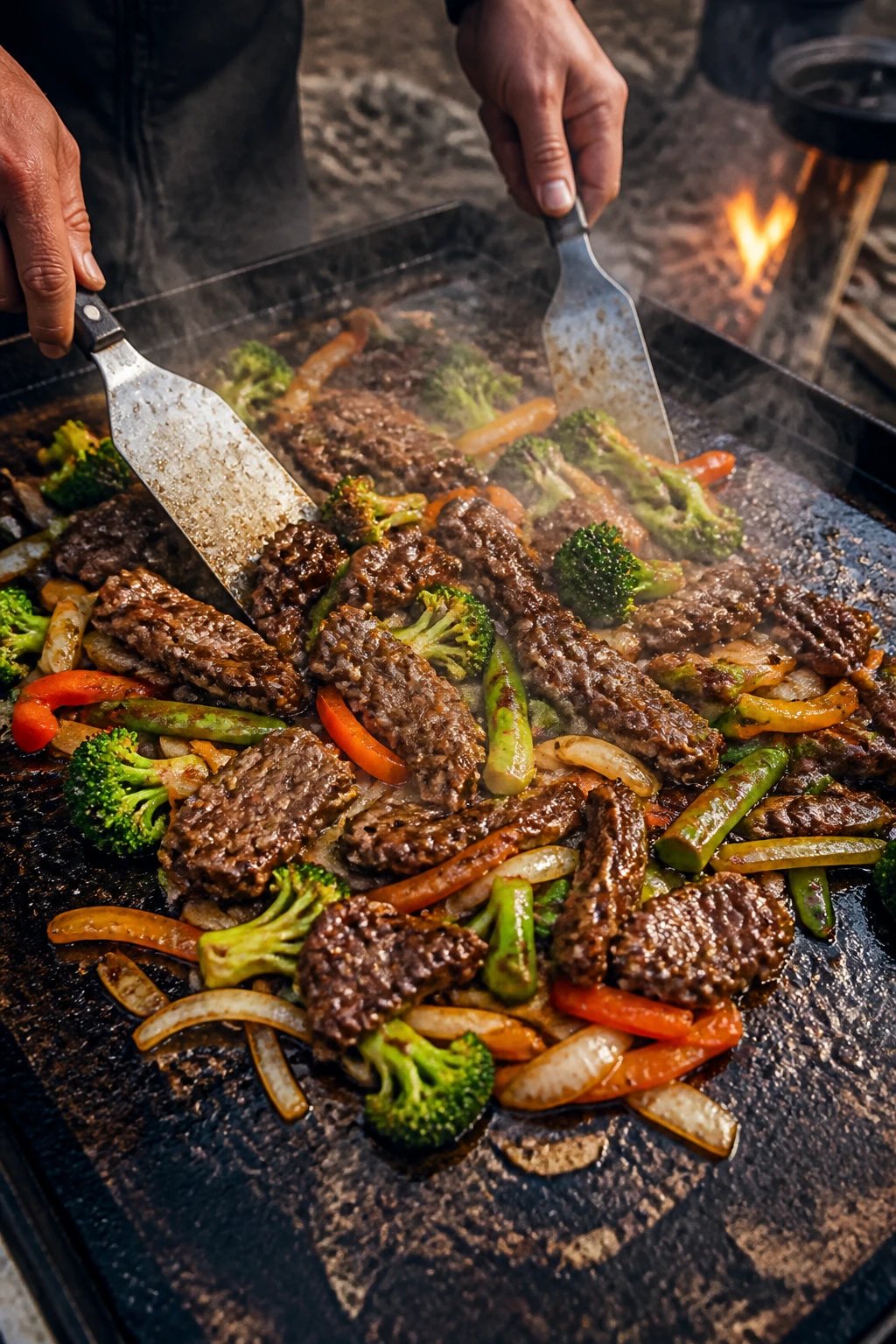 A professional overhead photograph of a sizzling Mongolian stir-fry cooking on a large black flat-top griddle, featuring thinly sliced beef with glistening teriyaki glaze, colorful assorted vegetables including bright green broccoli florets, orange bell peppers, and snap peas, all being tossed with metal spatulas, dramatic steam rising from the food, restaurant-quality sear marks visible on the meat, ingredients spread across the expansive cooking surface, warm golden lighting highlighting the caramelized sauce, outdoor camping setting barely visible in the soft-focused background, photorealistic style with rich colors and appetizing details