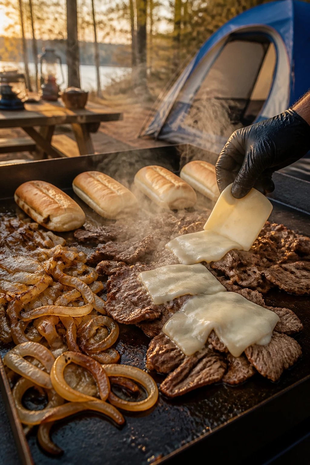 A mouthwatering Blackstone griddle scene at a campsite showing thinly sliced ribeye steak sizzling on a large flat-top griddle alongside caramelized onions, with melted provolone cheese being placed on top of the meat, hoagie rolls warming on the side of the griddle, realistic outdoor camping setting with picnic table visible in background, steam rising from the hot griddle, professional food photography style, golden hour lighting, shallow depth of field focused on the cheesesteak ingredients cooking