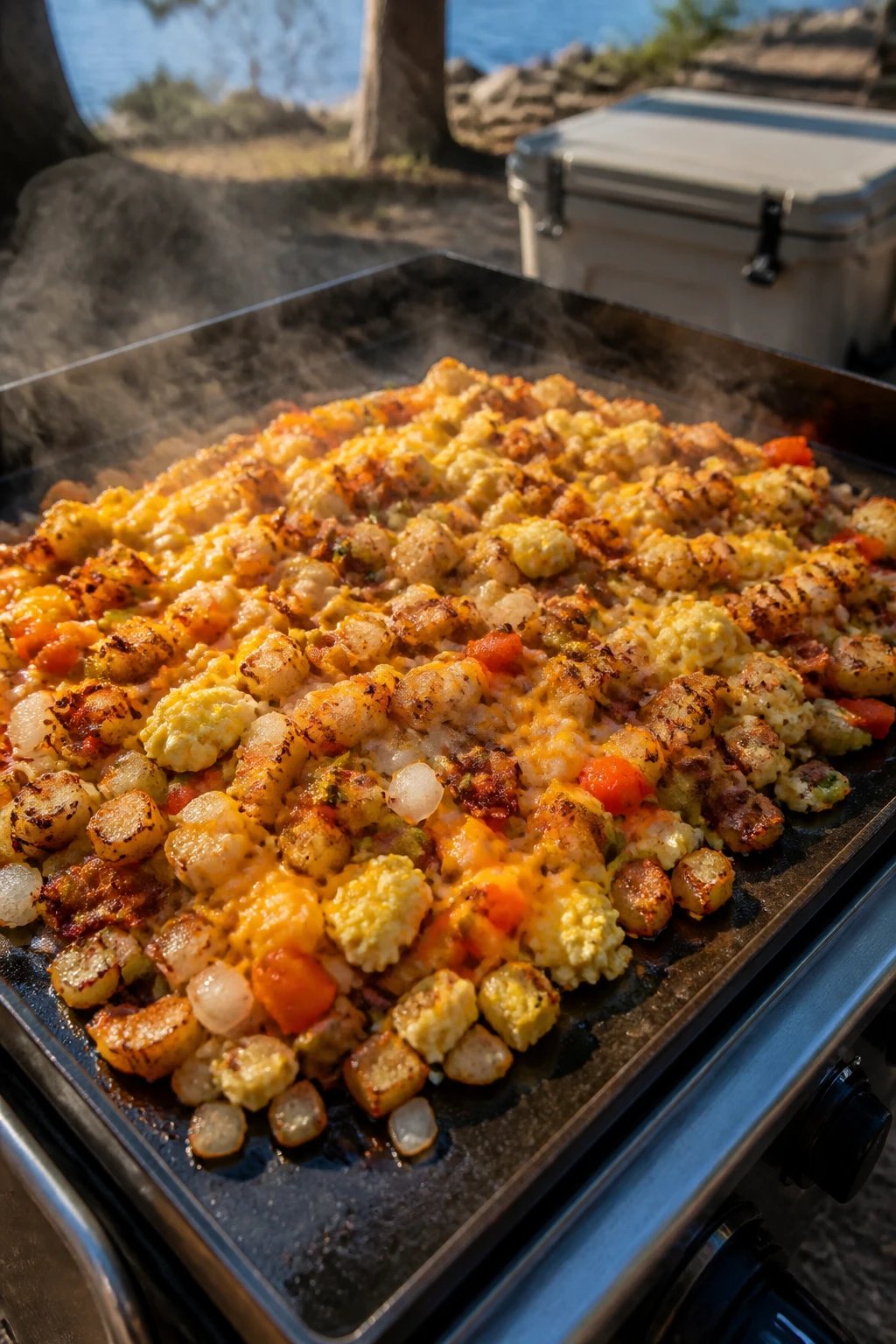 A mouth-watering breakfast hash cooking on a flat-top griddle outdoors, featuring a colorful mix of diced potatoes, scrambled eggs, chopped bell peppers, crumbled bacon, diced onions, and shredded cheese all spread out and sizzling together with golden-crispy edges, shot from a 45-degree angle in natural morning sunlight at a campsite, with a camping cooler visible slightly blurred in the background, professional food photography style with steam rising from the hot griddle surface