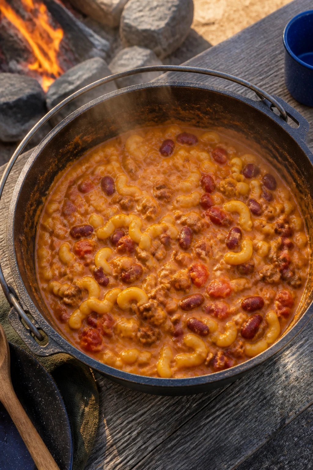 A rustic Dutch oven filled with steaming one-pot chili mac, showing creamy cheese sauce mixed with ground beef, elbow macaroni, red kidney beans, and diced tomatoes, photographed from above at a campsite with a wooden picnic table surface, warm campfire glow in the background, steam rising from the hearty meal, outdoor camping setting with natural lighting during golden hour