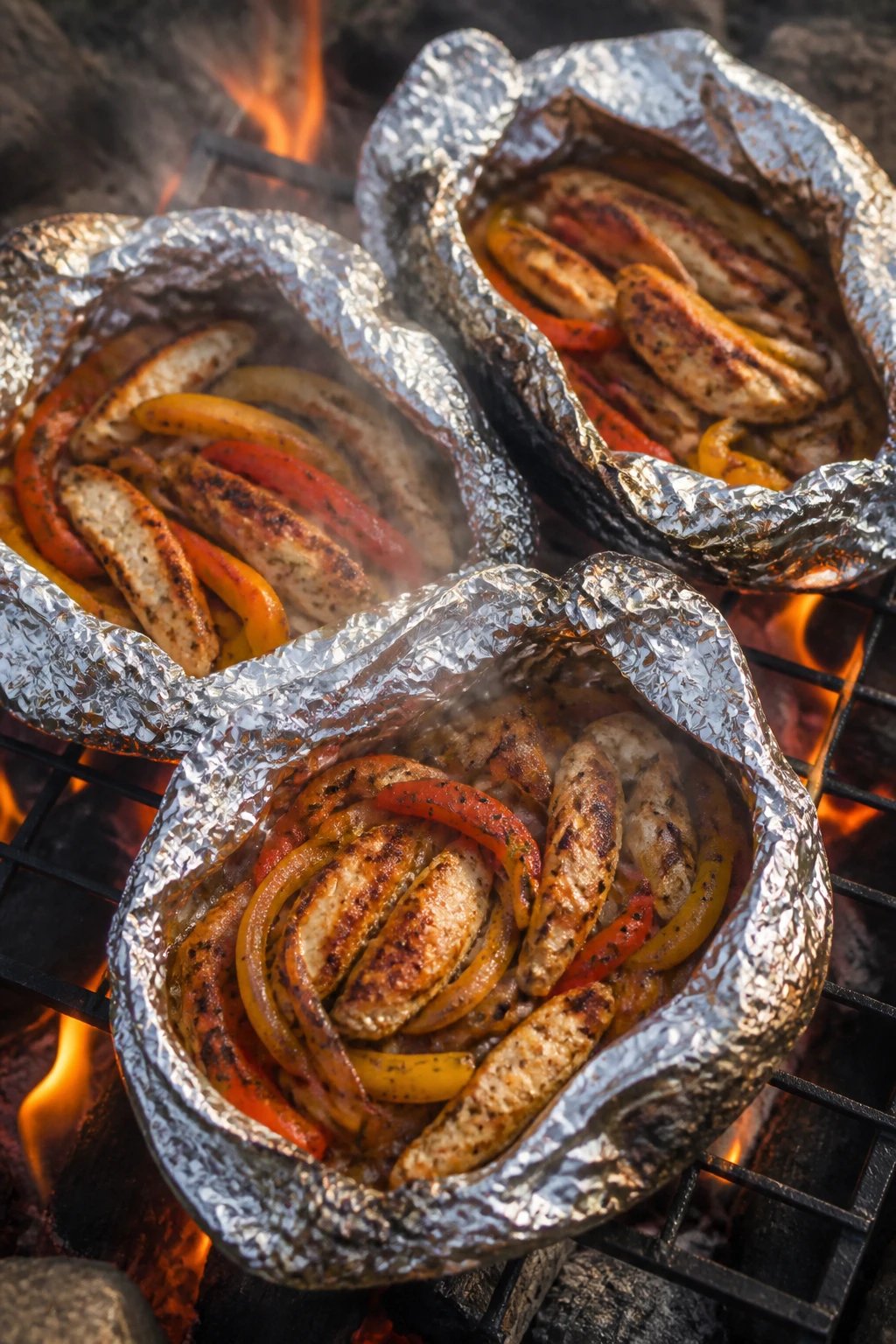 A close-up overhead view of colorful foil packet fajitas cooking over a campfire, with aluminum foil partially opened to reveal sizzling strips of seasoned chicken, vibrant red and yellow bell peppers, and caramelized onions inside, steam rising from the hot food, with flames and glowing embers visible in the background, natural outdoor lighting, rustic camping setting with a grill grate over the fire, shallow depth of field focusing on the foil packets with their contents glistening and perfectly charred
