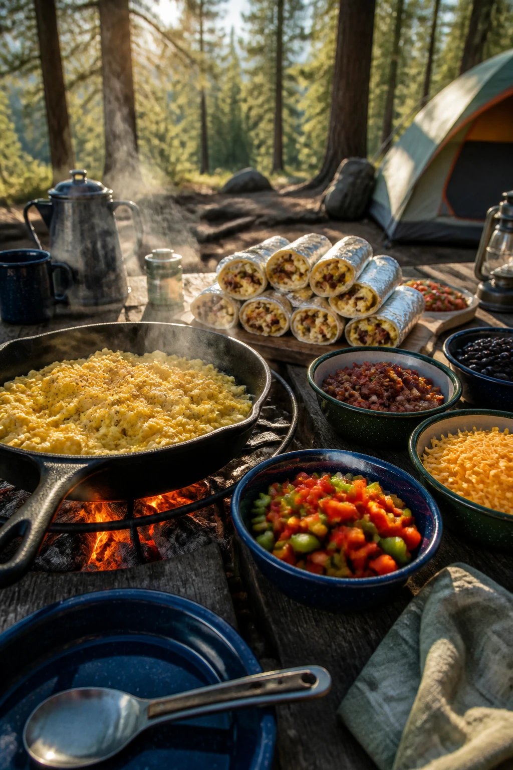 A rustic outdoor camping scene featuring a cast iron skillet over glowing campfire coals filled with fluffy scrambled eggs, surrounded by colorful breakfast burrito ingredients displayed in camping bowls - diced peppers, shredded cheese, crumbled bacon, black beans, and salsa. Several assembled breakfast burritos wrapped in foil are arranged on a wooden cutting board nearby. Morning sunlight filters through pine trees in the background, with a camping tent partially visible. The setup is arranged buffet-style on a weathered picnic table, with camping cookware and utensils scattered naturally around. Steam rises from the hot food, creating an appetizing and authentic outdoor cooking atmosphere.