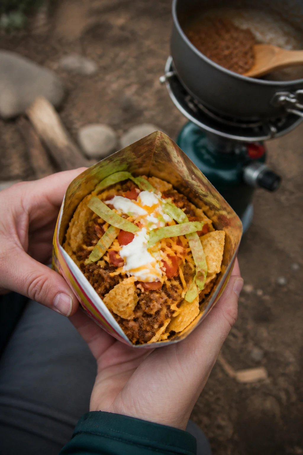 A realistic overhead photo of hands holding an open individual-sized Fritos chip bag filled with seasoned taco meat, shredded cheese, diced tomatoes, sour cream, and shredded lettuce, being eaten directly from the bag at a campsite with a camping stove and pot visible in the background, natural outdoor lighting, shallow depth of field, food photography style