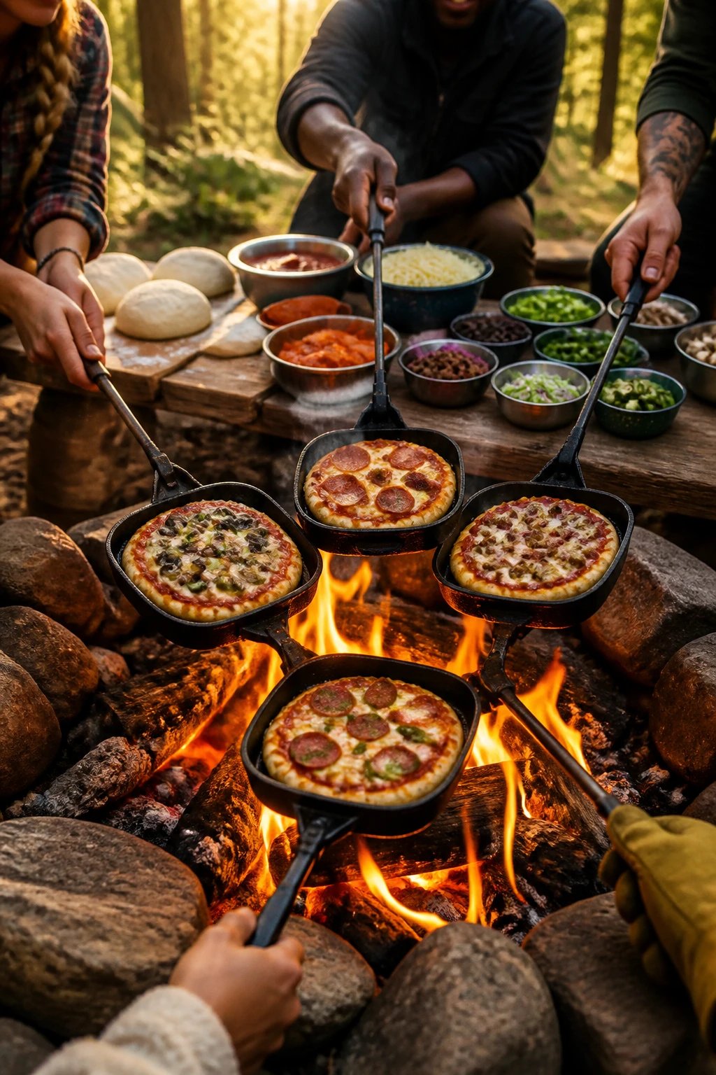 A vibrant outdoor camping scene showing multiple cast iron pie irons suspended over glowing campfire flames, each containing small individual pizzas with melted cheese and toppings, surrounded by hands of diverse campers cooking together, with a rustic wooden table in the background displaying pizza ingredients like dough balls, sauce, shredded cheese, pepperoni, and various toppings in camping bowls, warm golden hour lighting filtering through trees, shallow depth of field focused on the sizzling pizzas over orange flames