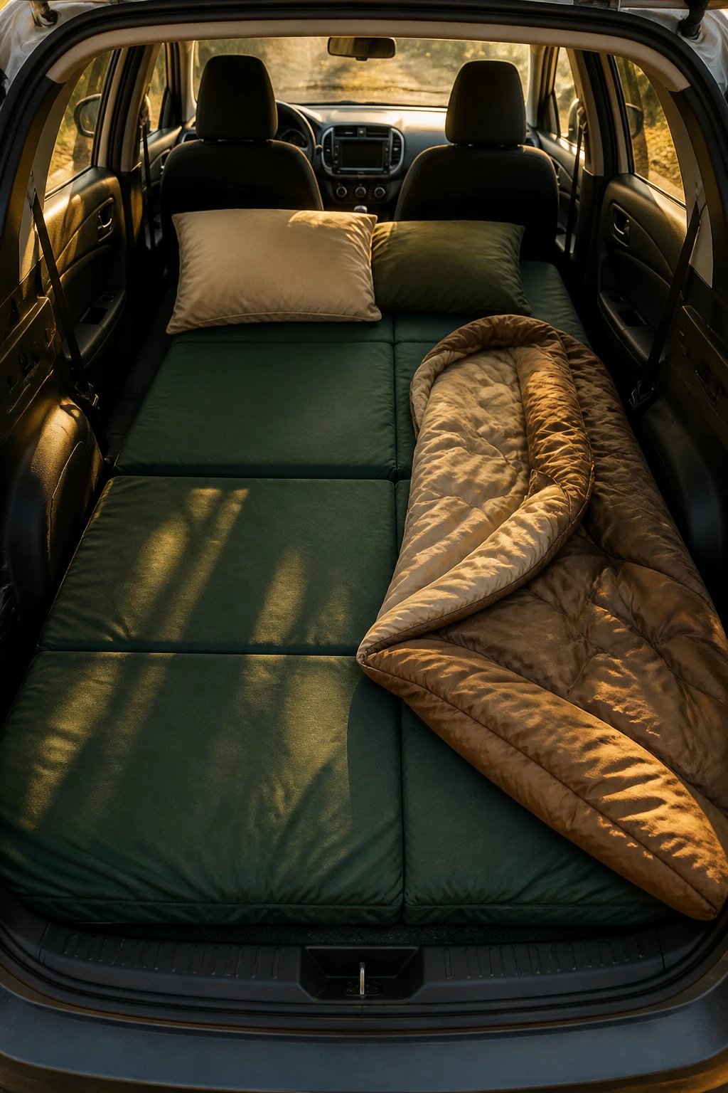 A high-quality overhead photograph of a compact car's interior transformed into a cozy sleeping area, showing the back seats folded completely flat creating a continuous surface from trunk to front seats, with a tri-fold camping mattress in rich navy or forest green laid out smoothly across the entire space, perfectly filling the gap between seats and trunk, soft pillows at one end, warm sleeping bag partially unrolled, golden hour sunlight streaming through the windows casting warm shadows, realistic automotive interior details visible including seatbelts and door panels, shot from above looking down into the open hatchback, shallow depth of field emphasizing the comfortable sleeping setup