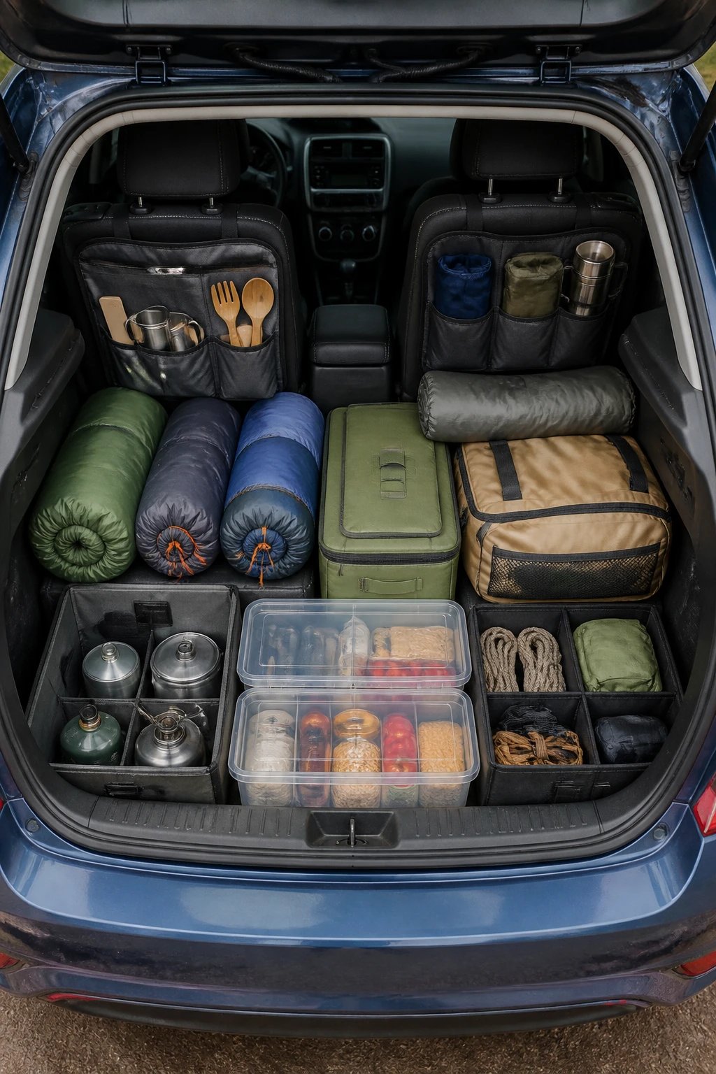 A realistic overhead view photograph of an expertly organized small car trunk during a camping trip, showing a strategic Tetris-like arrangement of camping gear with vertical storage solutions including hanging organizers attached to headrests, collapsible bins stacked efficiently, camping equipment precisely fitted into every available space, sleeping bags rolled and positioned vertically, cooking supplies in clear containers, and a well-planned system demonstrating maximum space utilization in a compact vehicle, shot in natural daylight with sharp detail showing the clever organization method