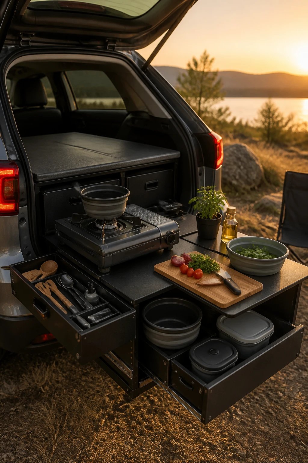 A high-quality photograph of an organized modular camping kitchen setup in the open trunk of a compact car, featuring a single-burner portable camping stove, neatly arranged cooking utensils in a compact organizer, collapsible cookware, a small cutting board, and fresh ingredients laid out on the tailgate, all stored in a sleek storage box system that unfolds into a functional outdoor cooking station, shot during golden hour at a scenic campsite with natural lighting highlighting the efficient use of limited space