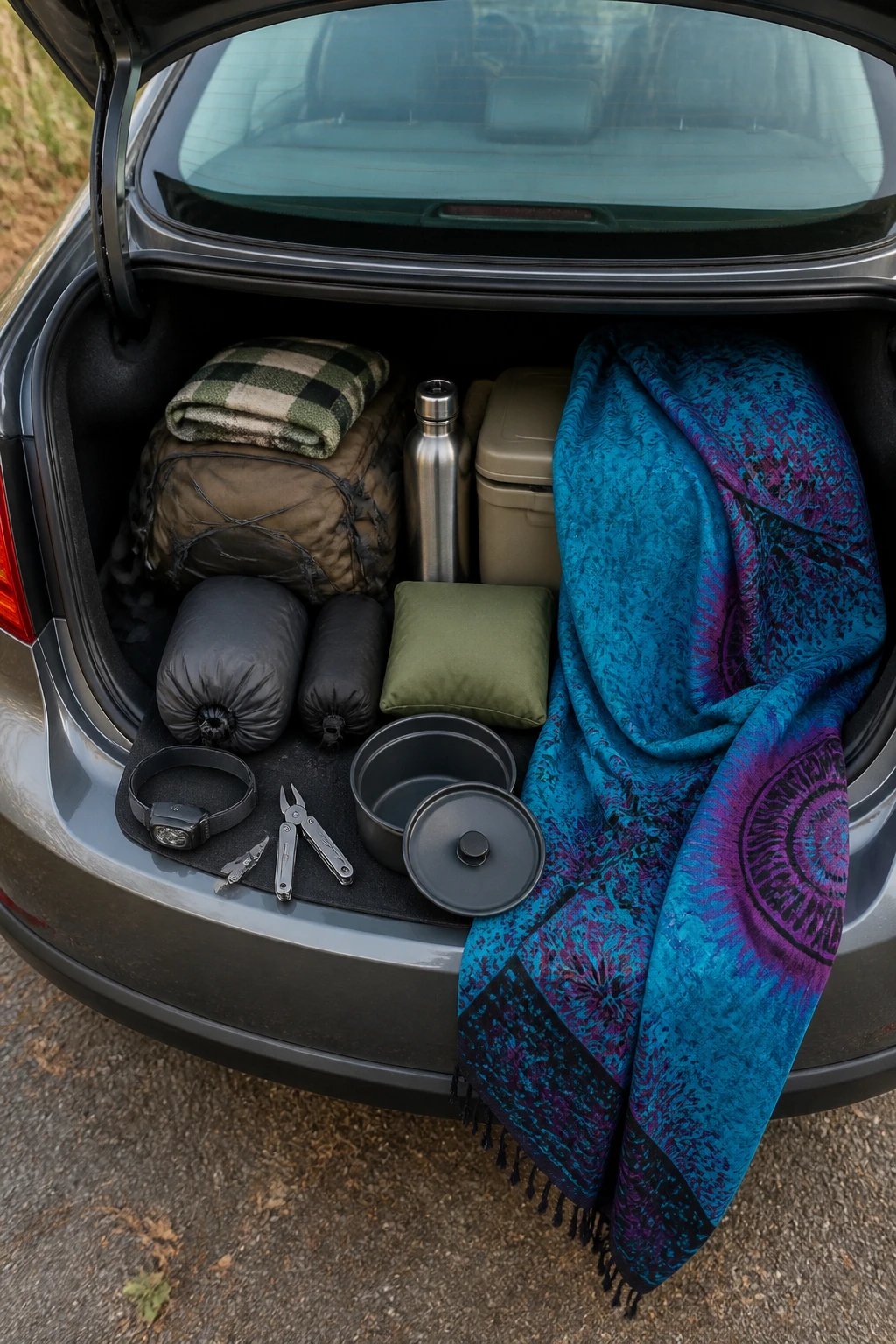 A realistic overhead flat-lay photograph of versatile camping gear artfully arranged on a compact sedan's open trunk, featuring a colorful sarong draped partially as a demonstration, a headlamp, a multi-tool, collapsible camping cookware that nests together, and other dual-purpose items like a stuff sack that doubles as a pillow, all organized efficiently in a small car's limited cargo space with camping essentials visible in the background, shot in natural daylight with sharp focus and professional product photography lighting