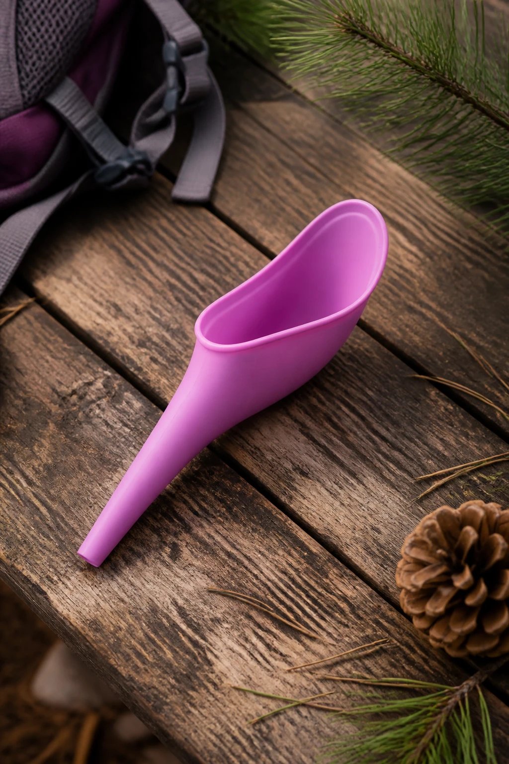 A high-quality product photography shot of a modern silicone pee funnel device for women in pink or purple color, placed on a rustic wooden camping table with soft natural lighting, surrounded by subtle camping elements like a backpack strap and pine needles, shot from a slight overhead angle with shallow depth of field, clean and professional composition that clearly shows the ergonomic funnel shape and portable design