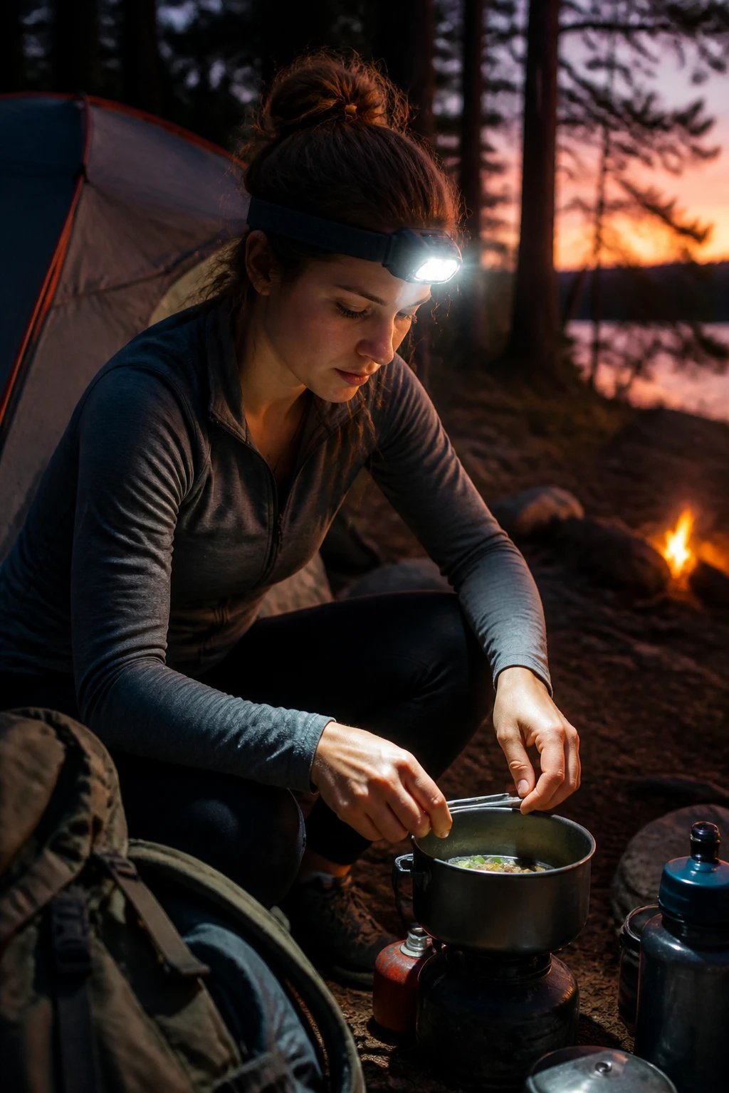A young woman camping at dusk wearing a modern LED headlamp on her forehead, using both hands to set up a tent or prepare food at a campsite, with the headlamp's beam illuminating her work area, surrounded by camping gear and trees in the background, photographed in warm evening light showing the practical hands-free functionality of the headlamp