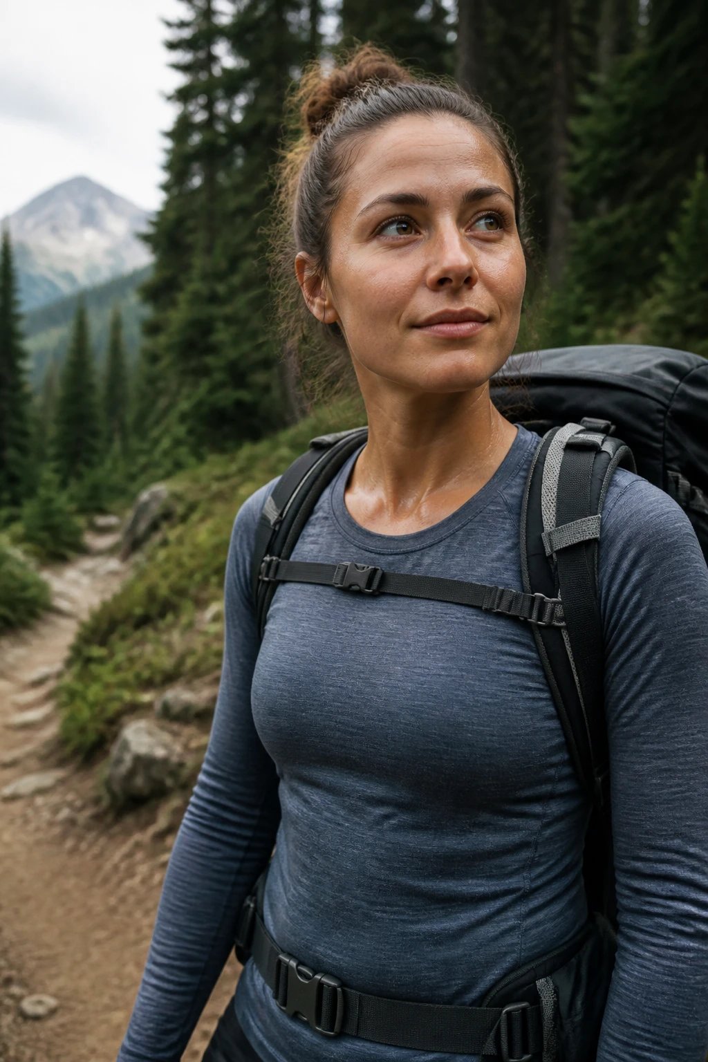 A detailed outdoor photograph of a woman hiker in the wilderness wearing moisture-wicking merino wool base layers, shown from mid-torso up against a natural forest trail background. She has a comfortable, confident expression and her technical base layer shirt is visible in a neutral color like grey or deep blue. The fabric should look premium and performance-oriented with a slight athletic fit. Natural lighting highlights the texture of the technical fabric. The background shows evergreen trees and a mountain trail, slightly out of focus. The woman has her hair pulled back practically, light perspiration visible showing the base layer's performance, wearing a hiking backpack. The image conveys capability, comfort, and serious outdoor preparedness in a realistic documentary photography style.