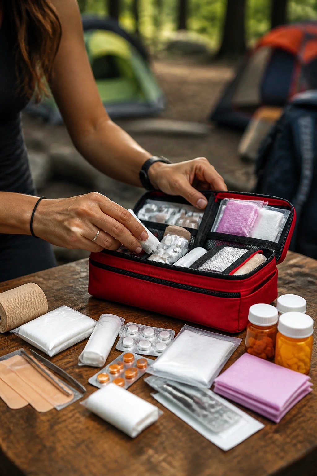 A close-up photograph of a woman's hands organizing a compact, customized first aid kit on a wooden camping table in natural outdoor lighting, with contents spread out including bandages, blister treatments, pain relievers, prescription medication bottles, feminine hygiene products, antiseptic wipes, and small medical supplies in a durable red nylon zippered pouch, with camping gear softly blurred in the background showing tents and forest setting, shot in sharp focus with shallow depth of field emphasizing the personalized medical supplies