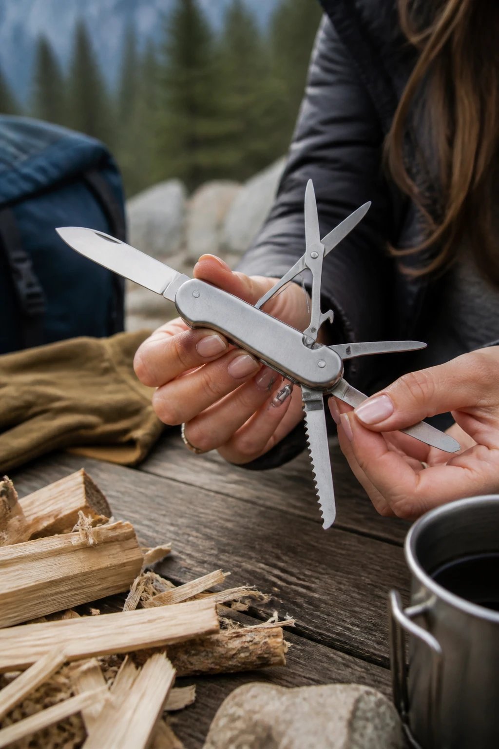 A detailed close-up photograph of a woman's hands holding and demonstrating a compact stainless steel multi-tool camping knife in an outdoor wilderness setting, with camping gear and natural wooden kindling visible on a rustic wooden camp table, soft natural lighting highlighting the practical features of the tool including blade, scissors, and other attachments, shallow depth of field with forest background slightly blurred, professional outdoor lifestyle photography style