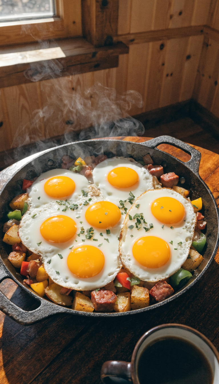 A rustic cast-iron skillet filled with a hearty breakfast of crispy golden-brown diced potatoes, colorful bell peppers, caramelized onions, chunks of cooked sausage and bacon, topped with sunny-side-up eggs with runny yolks, all sizzling together in bacon grease, photographed from above on a wooden cabin table with natural morning light streaming through a window, steam rising from the hot pan, a coffee mug visible at the edge of the frame, warm and cozy atmosphere with pine wood texture in the background