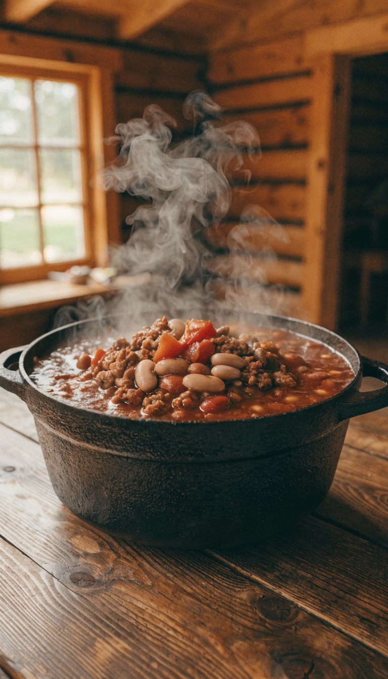 A rustic cast iron Dutch oven filled with hearty, bubbling campfire chili sitting on a wooden table inside a cozy log cabin, steam rising from the rich red-brown stew loaded with beans and ground meat, soft natural light streaming through a nearby window, with a cabin interior visible in the background featuring wooden walls and warm ambient lighting, photographed from a slightly elevated angle to show the contents of the pot, professional food photography style with shallow depth of field