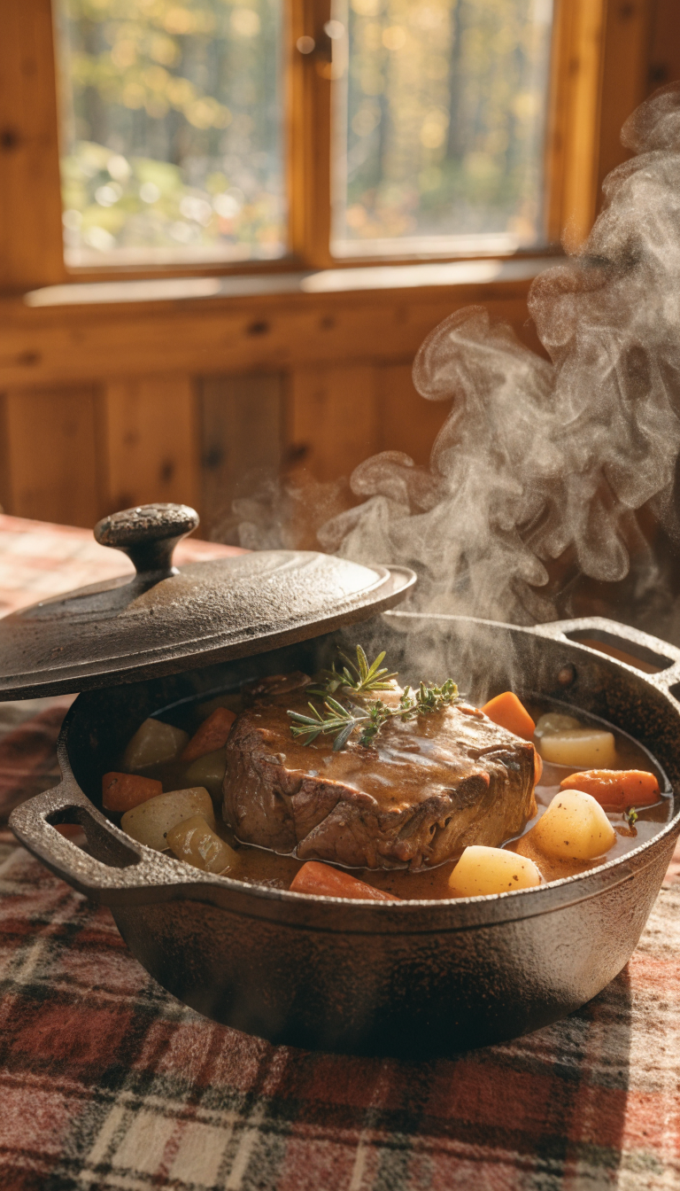 A rustic cast iron Dutch oven sitting on a wooden cabin table, lid partially removed revealing tender, fall-apart pot roast with chunks of carrots, potatoes, and onions in rich brown gravy, fresh rosemary and thyme sprigs visible, steam rising from the dish, warm golden hour lighting streaming through a cabin window in the background, cozy flannel tablecloth underneath, photo-realistic food photography style