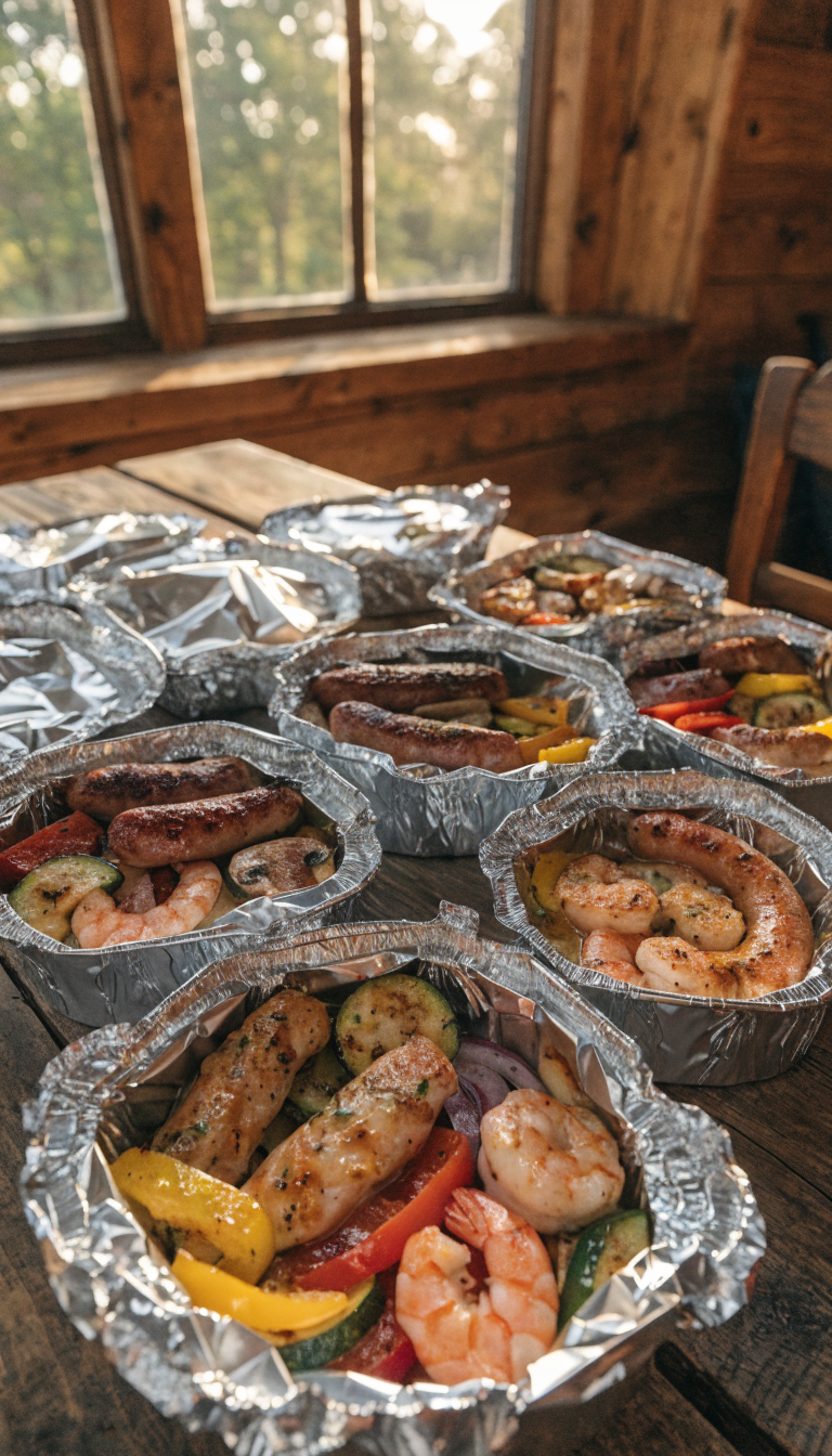 A overhead view of multiple customized foil packet dinners laid out on a rustic wooden cabin table, showing open aluminum foil packets filled with colorful combinations of grilled chicken, salmon, shrimp, and sausage alongside vibrant bell peppers, zucchini, mushrooms, and onions, with melted butter glistening on the ingredients, some packets still sealed and others opened to reveal perfectly cooked meals, warm golden hour lighting streaming through a cabin window, shallow depth of field, cozy camping atmosphere