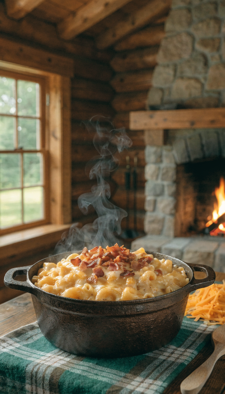 A rustic wooden table inside a cozy log cabin with a large cast iron pot filled with creamy, golden mac and cheese, steam rising from the surface, topped with crispy bacon bits, surrounded by a plaid tablecloth, warm fireplace glow in the background, shredded cheddar cheese and a wooden spoon on the side, intimate cabin interior setting with pine wood walls visible, comfort food photography style, soft natural lighting from a nearby window mixing with warm amber firelight
