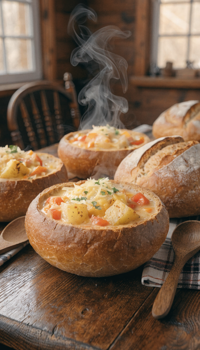 A cozy cabin dining scene featuring thick, hearty soup served in hollowed-out round bread bowls on a rustic wooden table, with steam rising from the golden-brown crusty bread bowls filled with creamy loaded baked potato soup, soft warm lighting from cabin windows in the background, chunks of vegetables visible in the soup, a few whole round loaves nearby, plaid napkins and wooden spoons beside the bowls, creating an inviting and comforting atmosphere perfect for a winter getaway